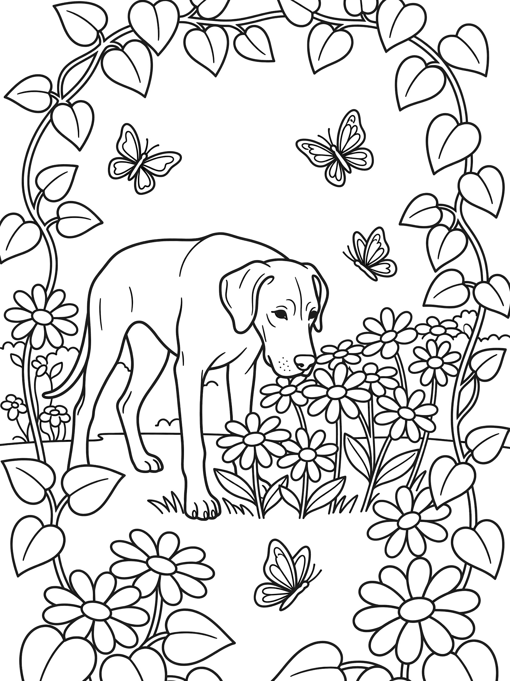 Black and white line art coloring page showing a large puppy dog sniffing a cluster of daisies in a garden surrounded by vines and fluttering butterflies. Great Dane themed black and white printable line art
