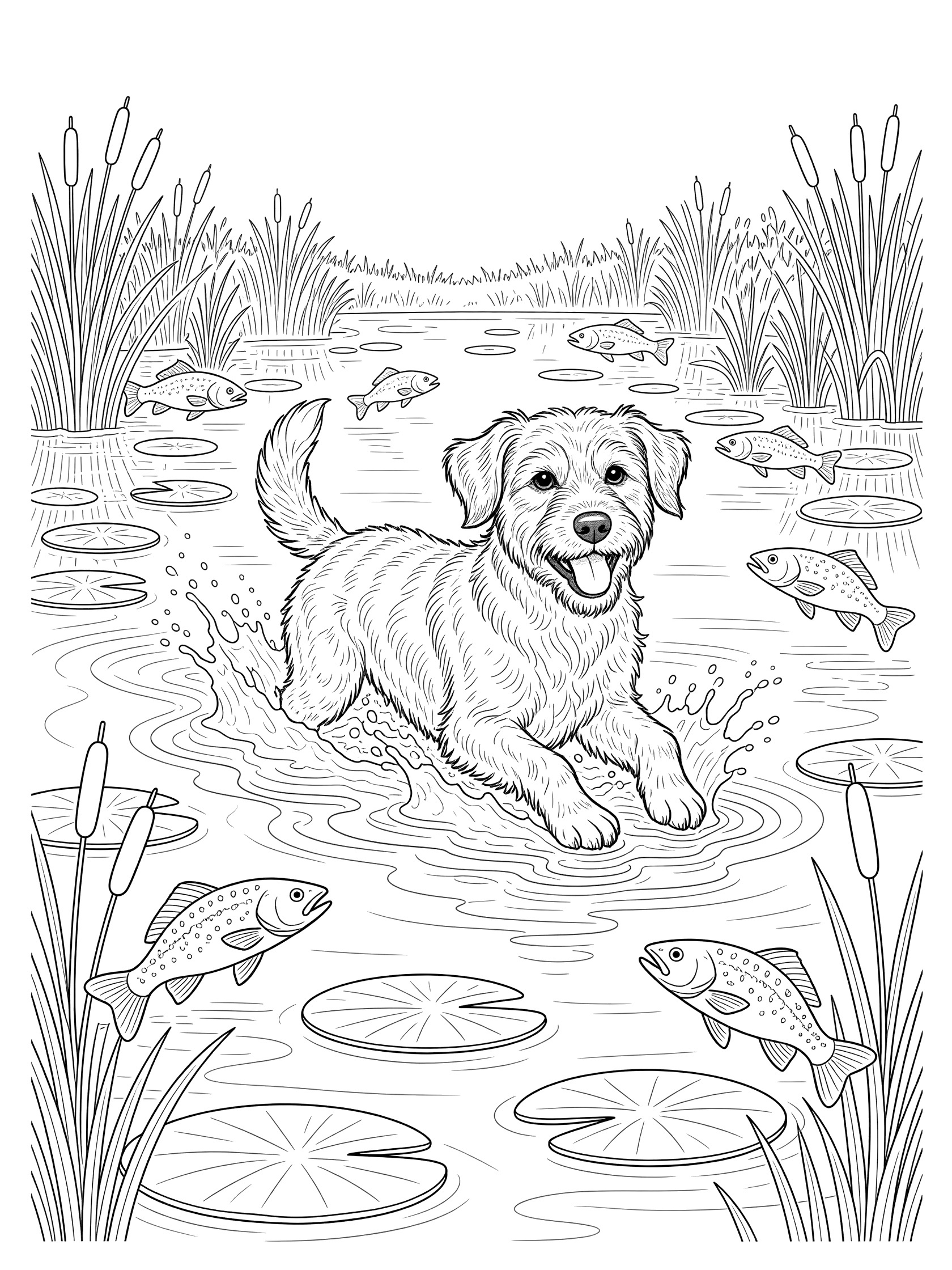 Black and white line art coloring page showing a puppy paddling and splashing in a pond surrounded by jumping fish, lily pads and tall reeds. Mutts themed black and white printable line art