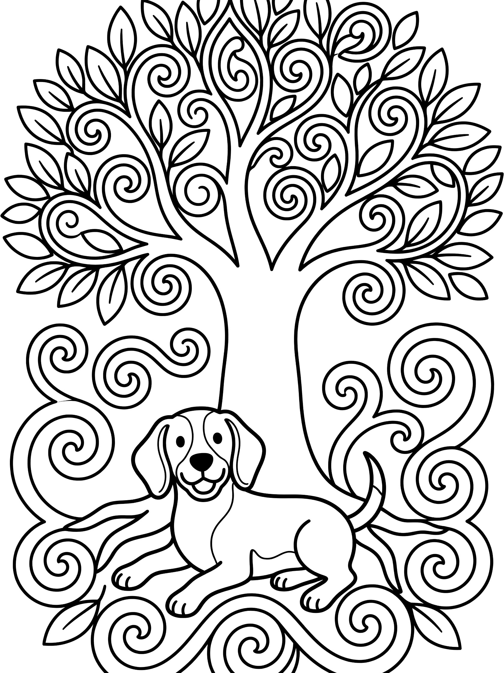 Black and white line art coloring page showing a puppy lying under a large tree with swirling leaves and curly branches, clean outlines on white background. Beagle themed black and white printable line art