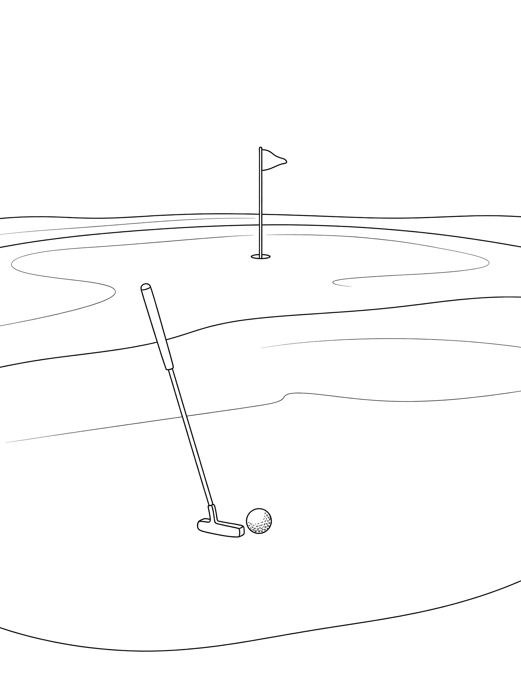 Black and white coloring page showing a golf putter positioned behind a ball on a putting green, aiming at a distant hole with flag.