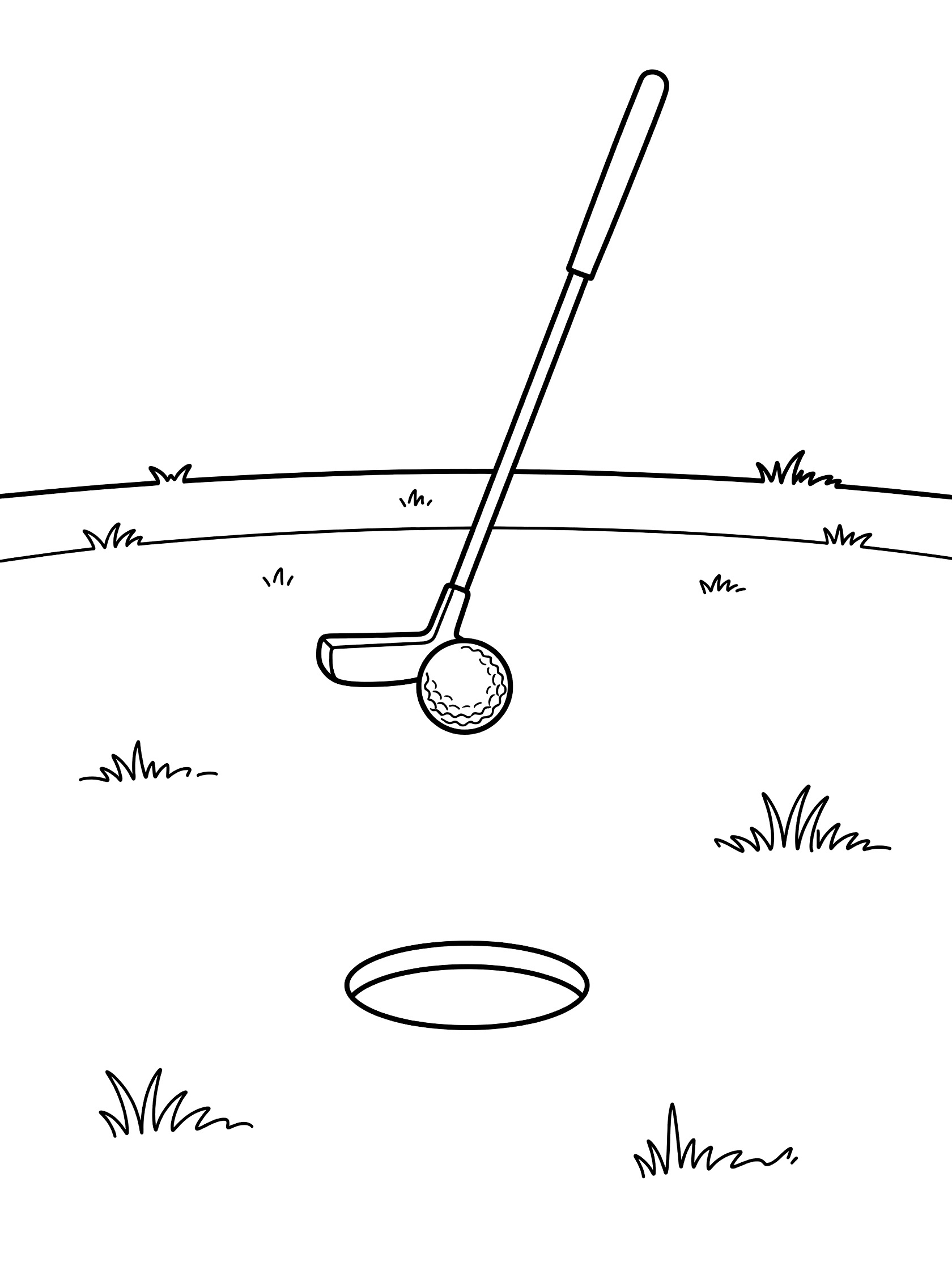 Black and white coloring page showing a putter tapping a golf ball into the cup on a smooth green with grass tufts.