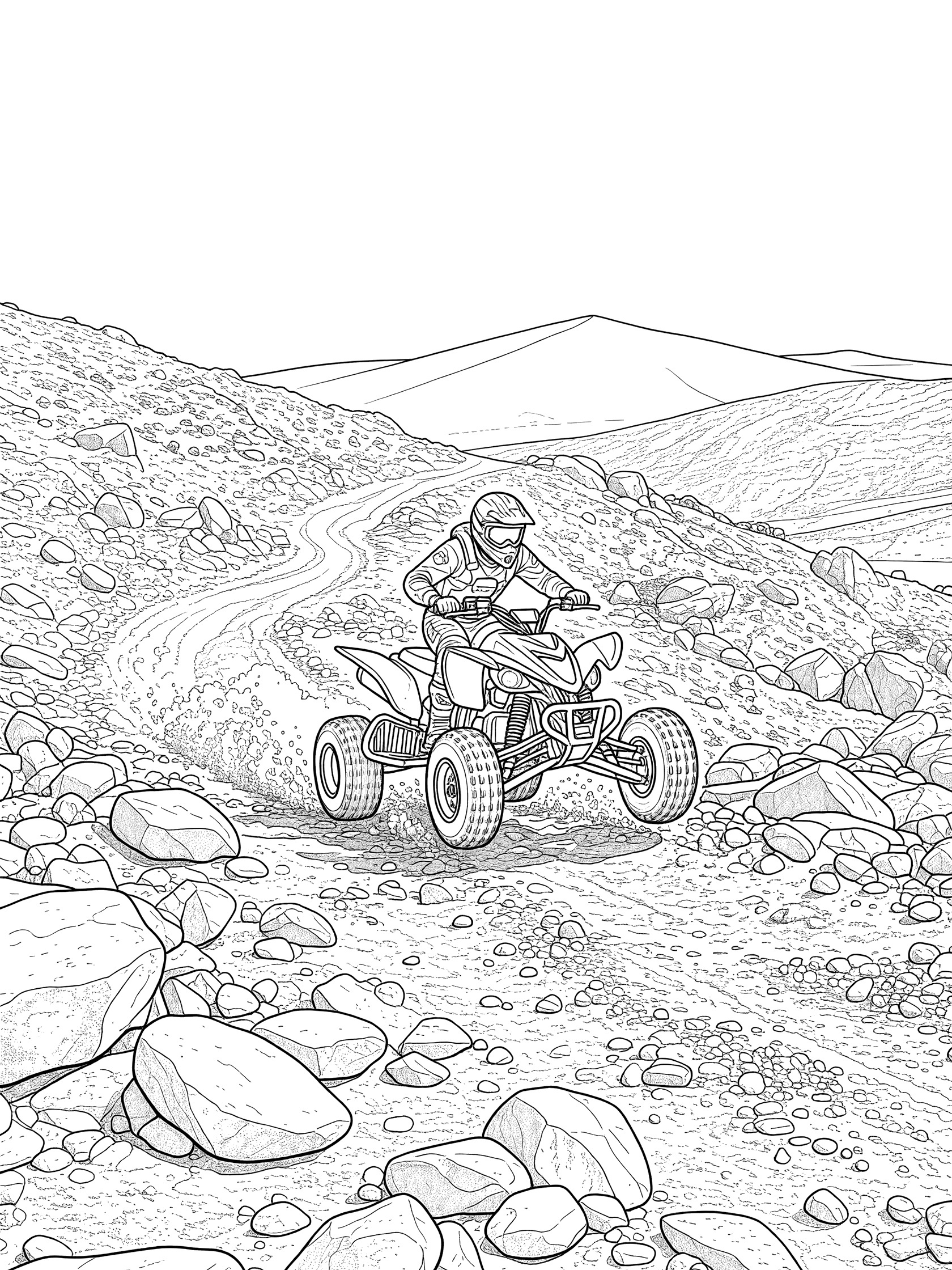 Black-and-white coloring page of a quad bike climbing a steep rocky hill in Dakar desert terrain with boulders and a trail