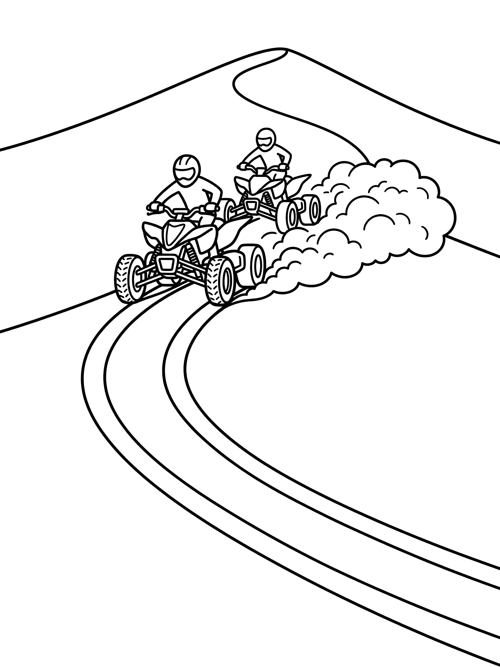 Printable coloring page showing a quad bike overtaking a rival quad bike on the crest of a massive sand dune with sand clouds and tracks in Dakar sprint style