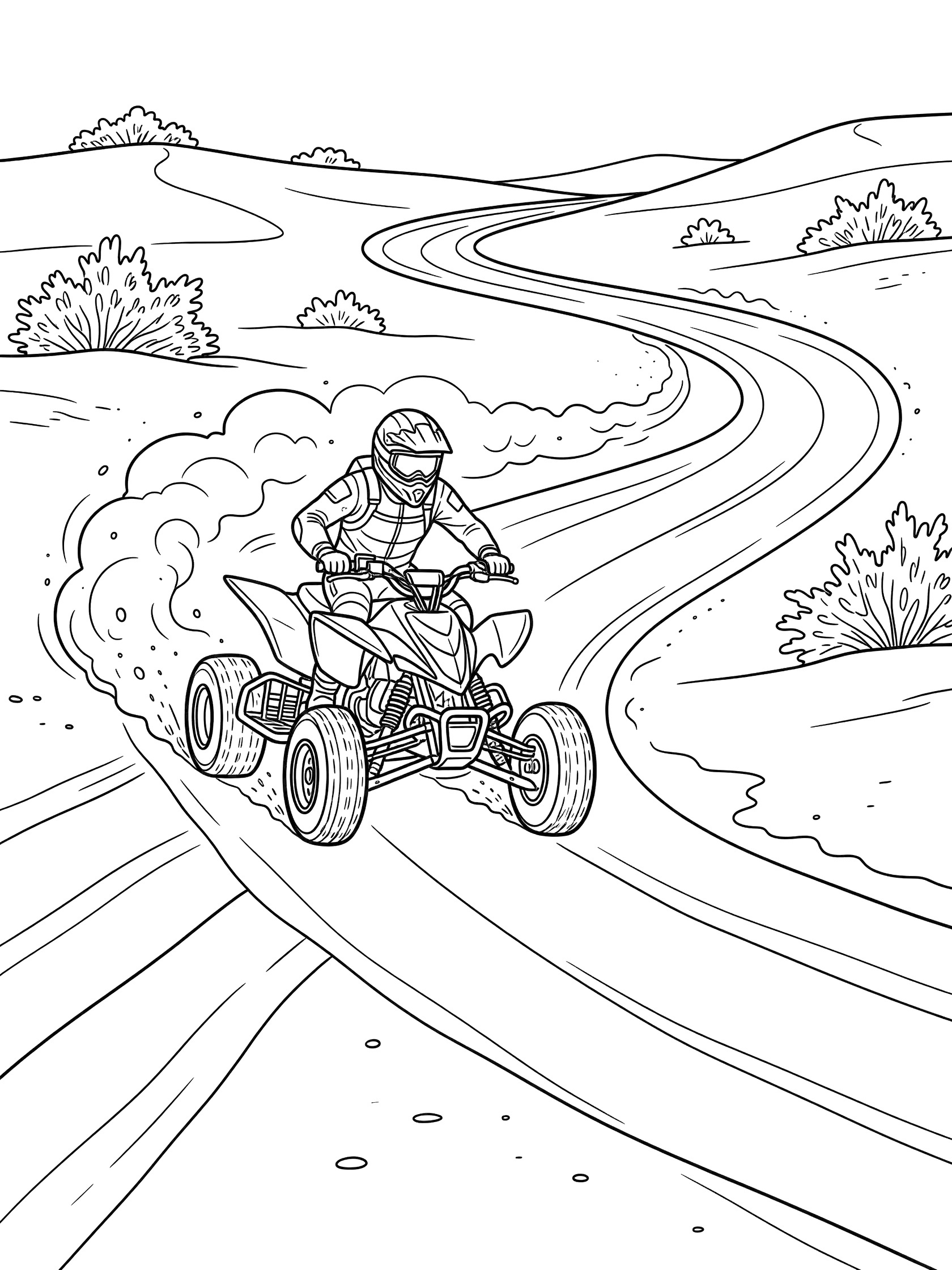 Black and white coloring page of a quad bike racing on a winding desert track in Dakar Rally with rider, bushes, and dust trail