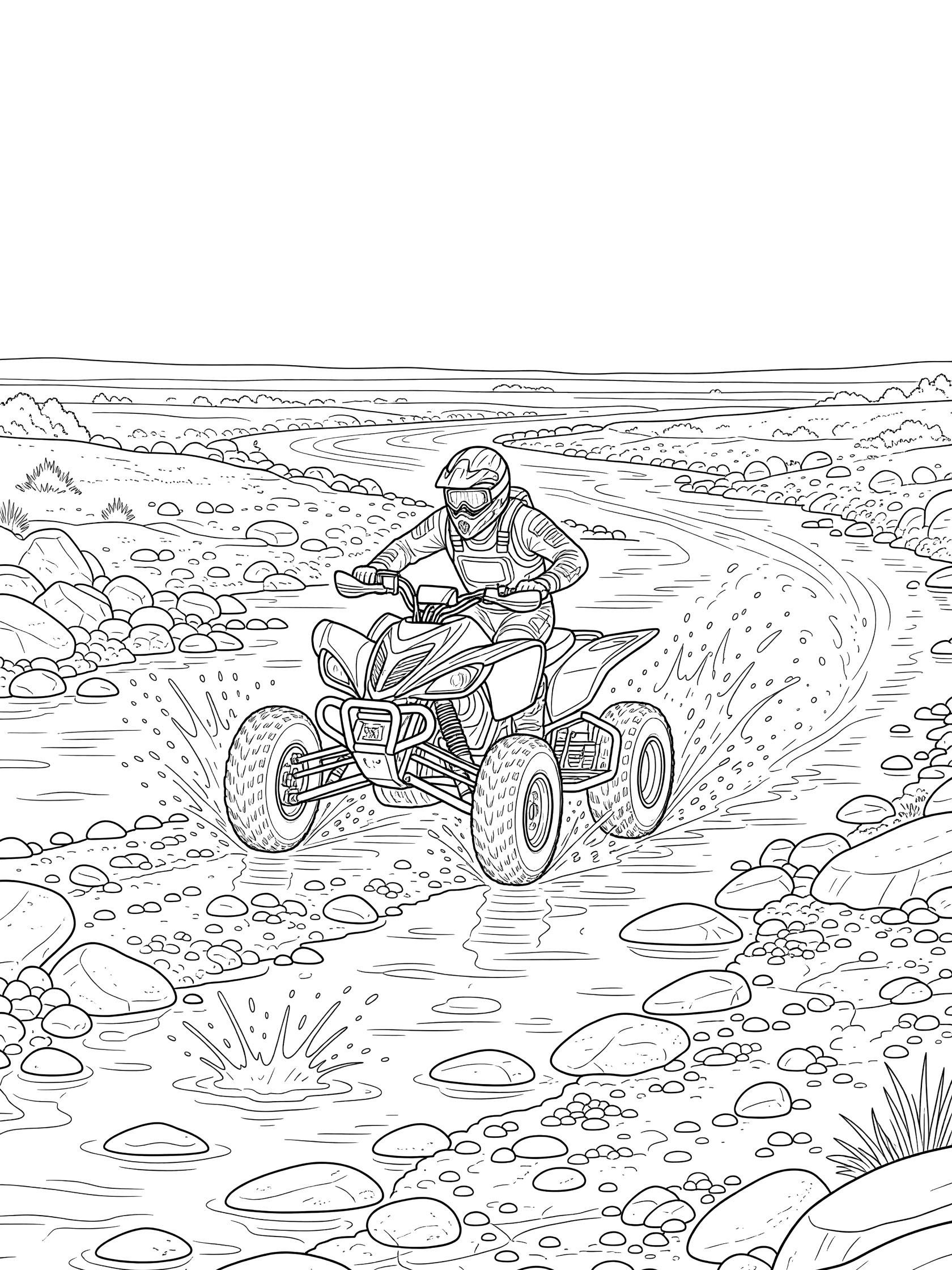 Line art coloring page showing a quad bike with rider splashing through a wide dry riverbed full of rocks and pebbles during Dakar race