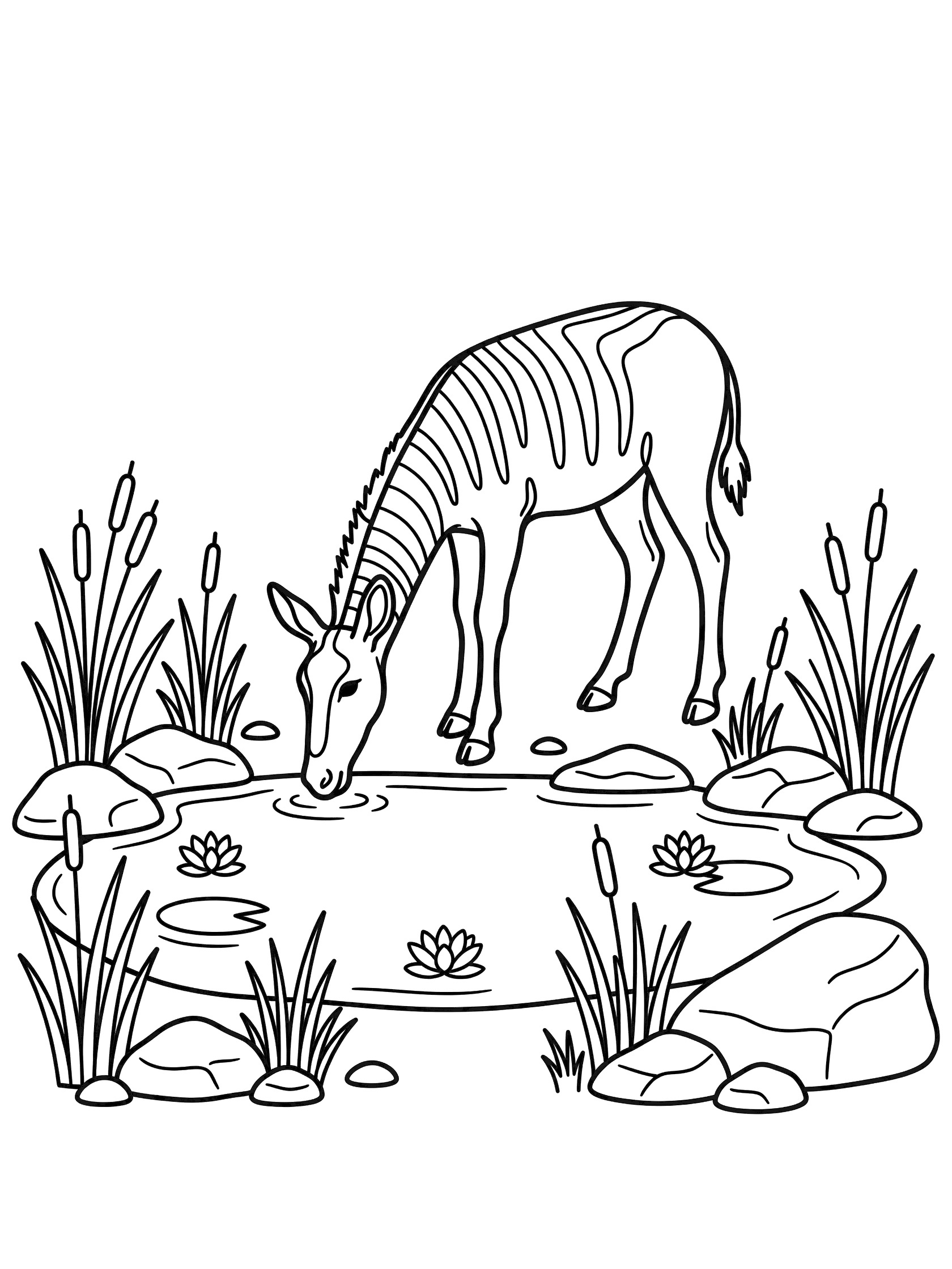 Black and white coloring page of a quagga drinking from a calm waterhole surrounded by reeds, rocks, and floating water lilies