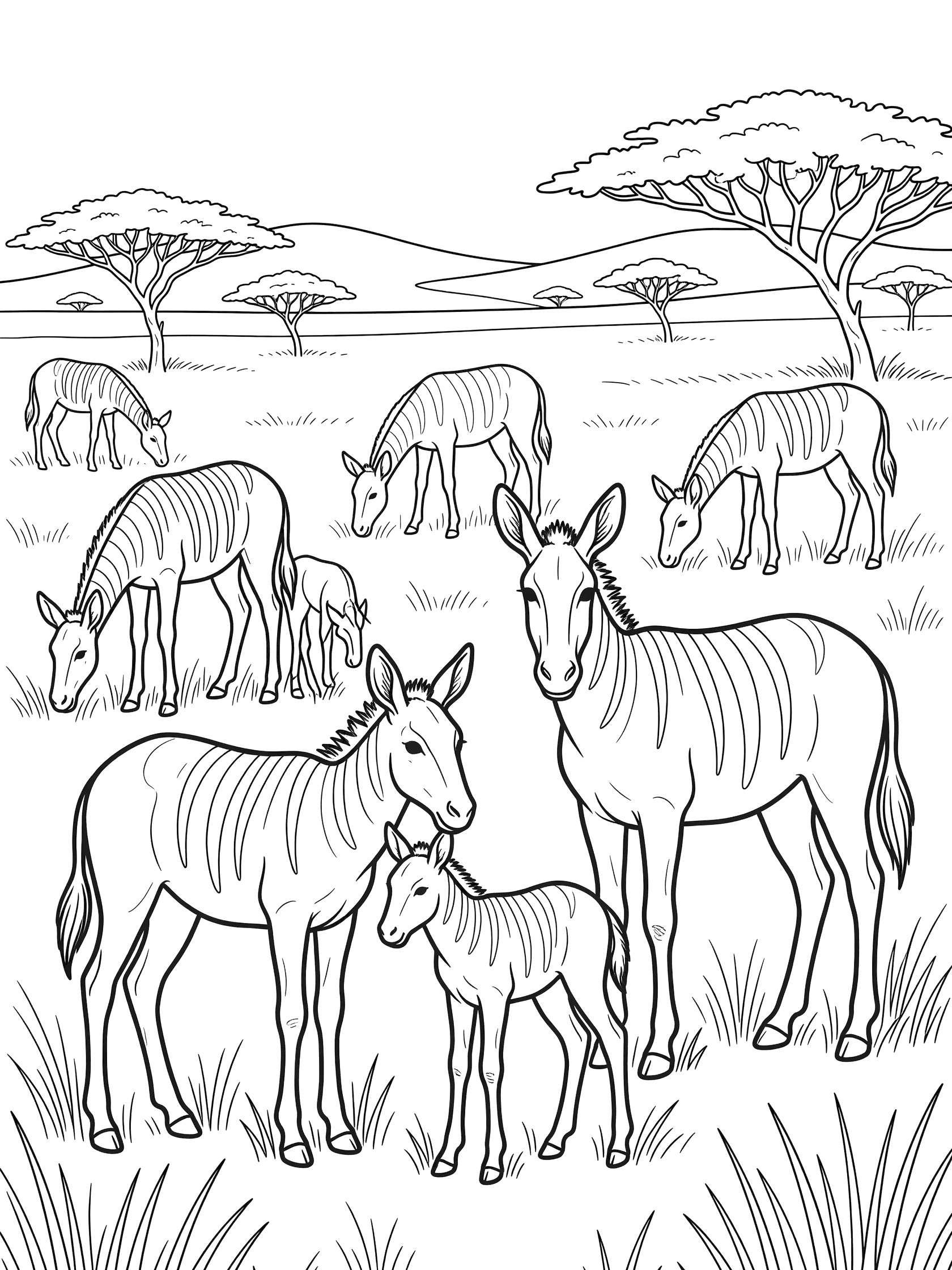 Black-and-white line art coloring page of a Quagga family herd on African grasslands, featuring mother and foal nuzzling, stallion nearby, others eating grass amid acacia trees and hills.