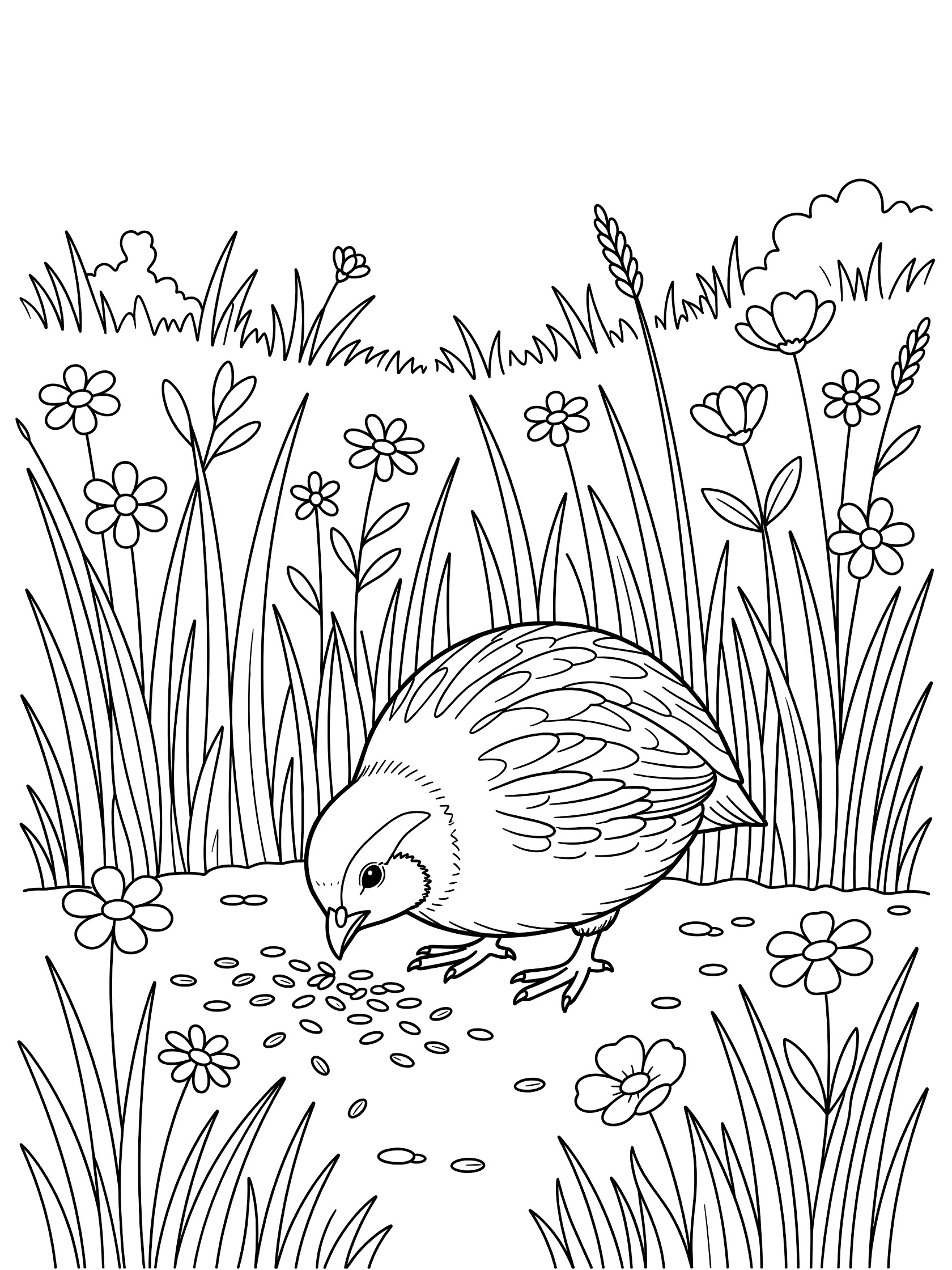 Black and white line art coloring page showing a plump quail bird pecking at scattered seeds on the ground surrounded by tall grass and simple flowers.