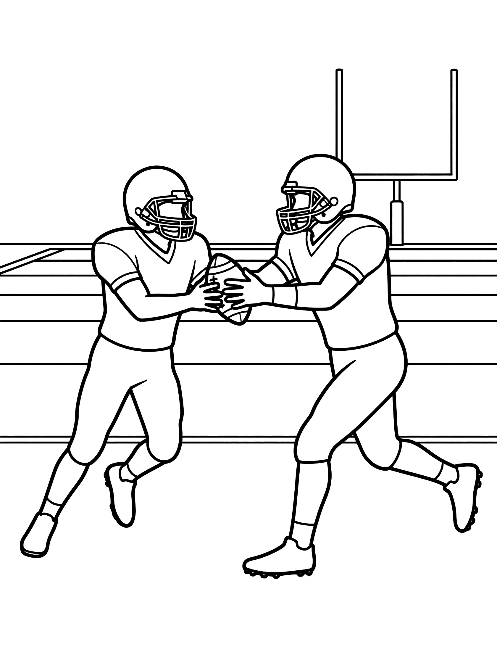 Black and white coloring page showing a quarterback in helmet and uniform handing off the football to a teammate running back during a play on a football field with goalposts.