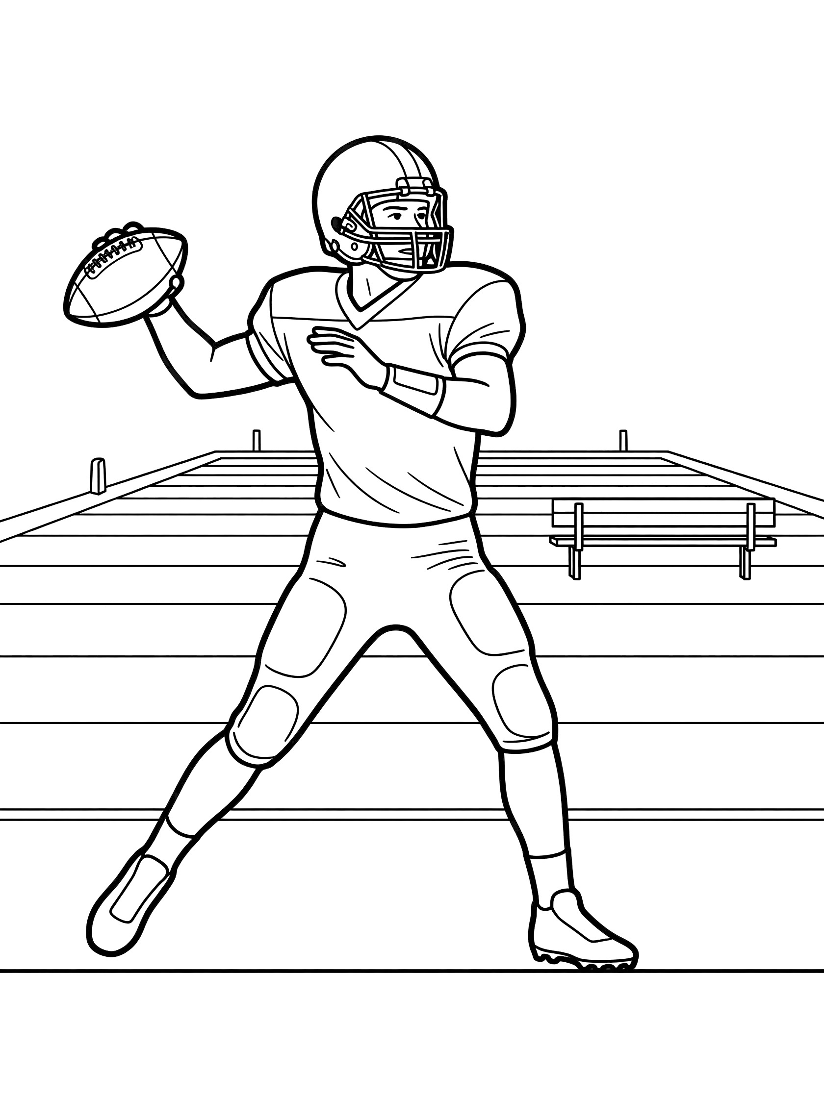Quarterback in uniform rolling to the side on a practice field, holding football with arm extended to pass, yard lines and bench in background, printable coloring page