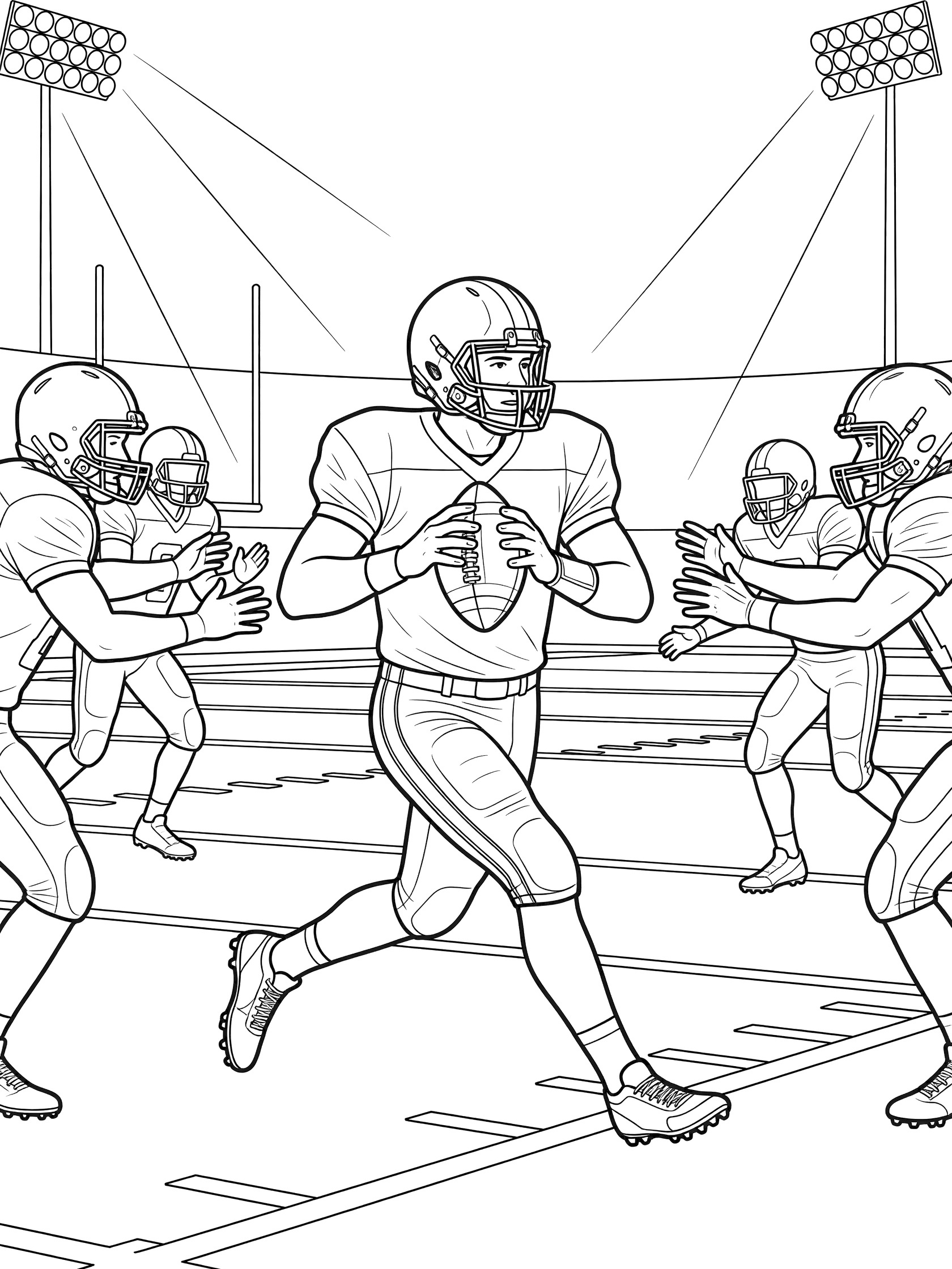 Black and white coloring page showing a quarterback in helmet and pads clutching a football, running sideways across the turf to dodge reaching defensive players on a detailed football field with hash marks and stadium lights.