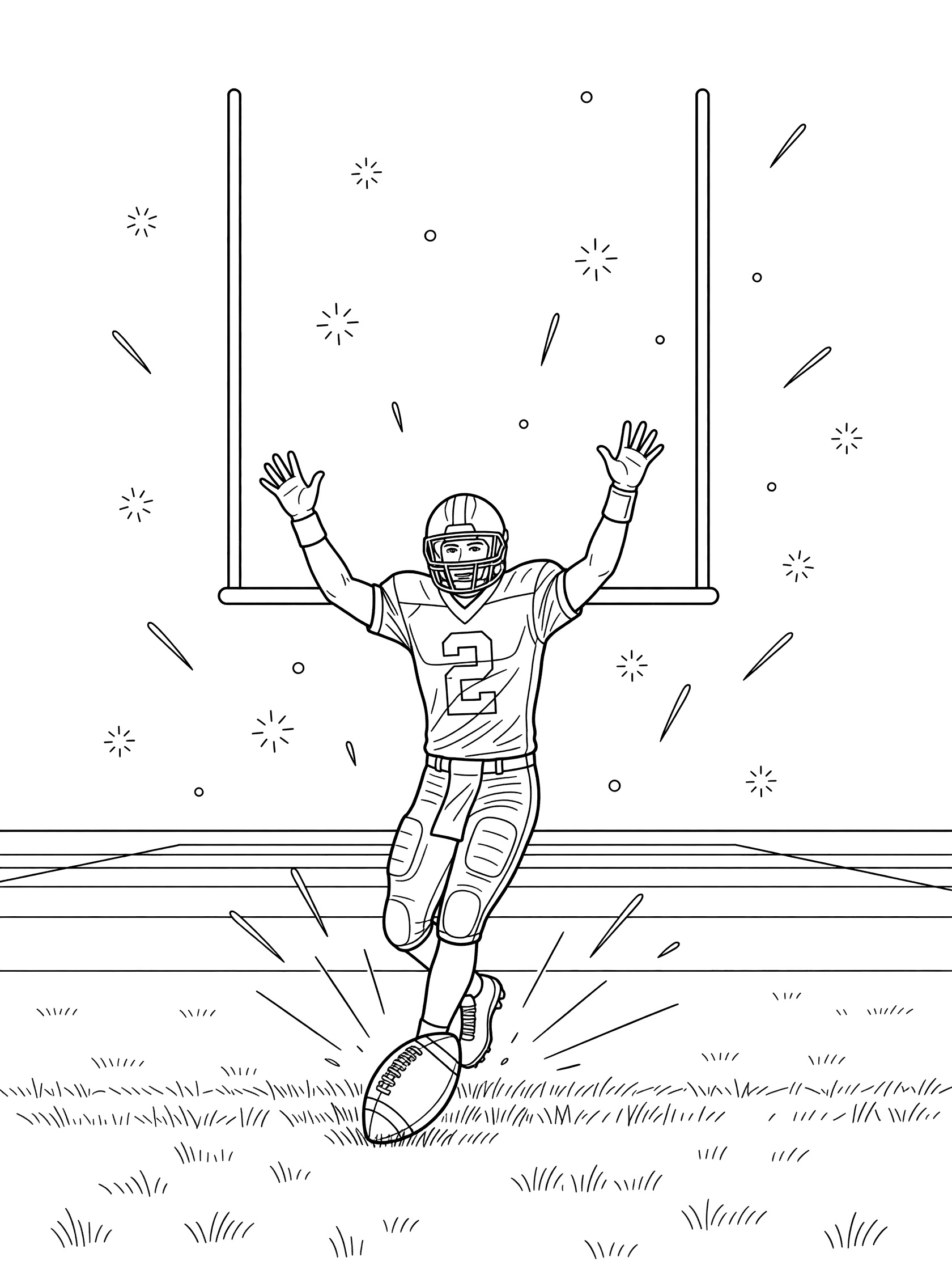 Black and white coloring page of a triumphant quarterback in football uniform spiking the ball on the turf in the end zone, goalposts behind, arms raised, confetti lines in air.