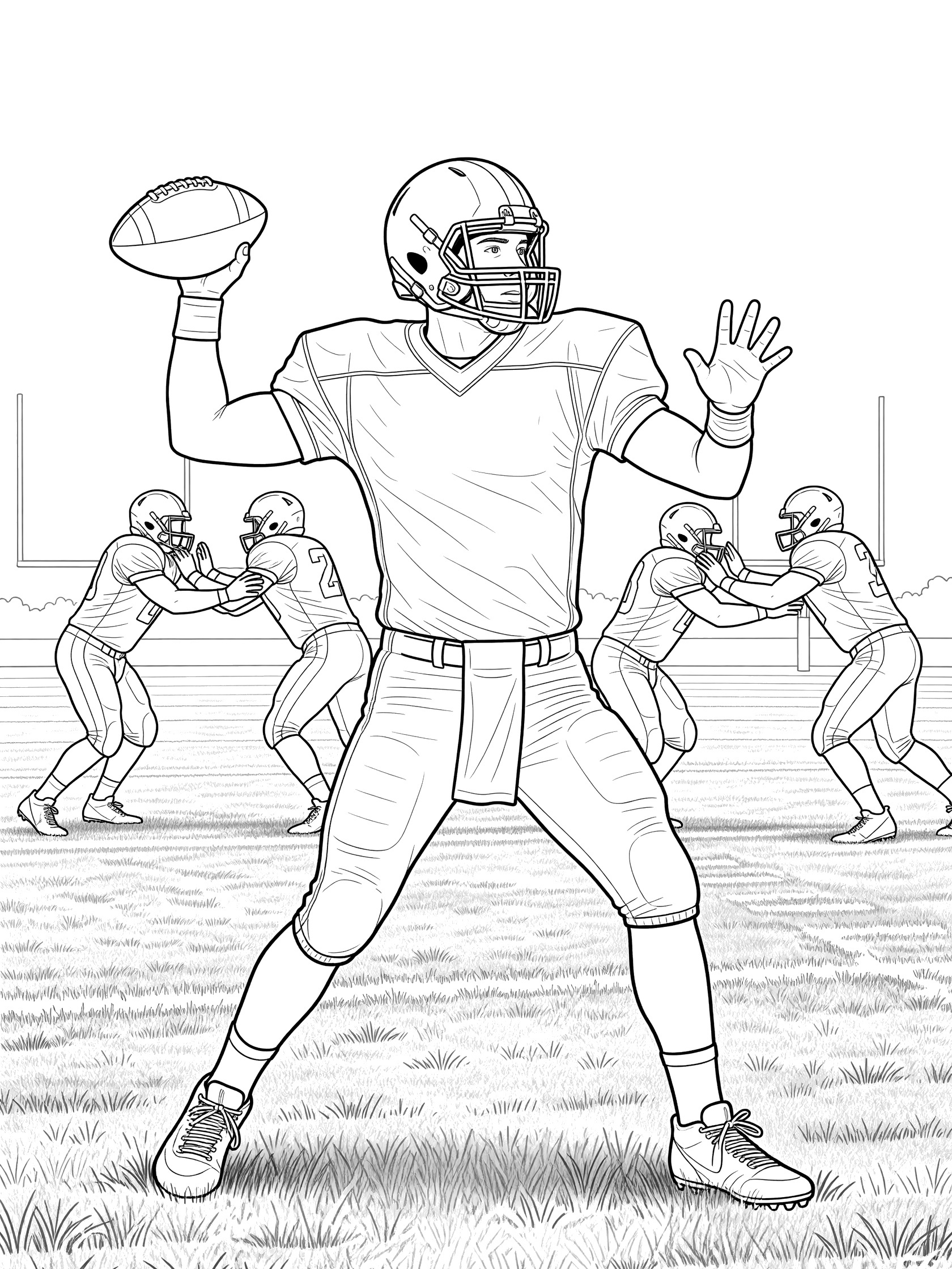 Line art coloring page showing a quarterback gripping a football, cocking his arm to throw a spiral pass, with teammates blocking on a grassy field.