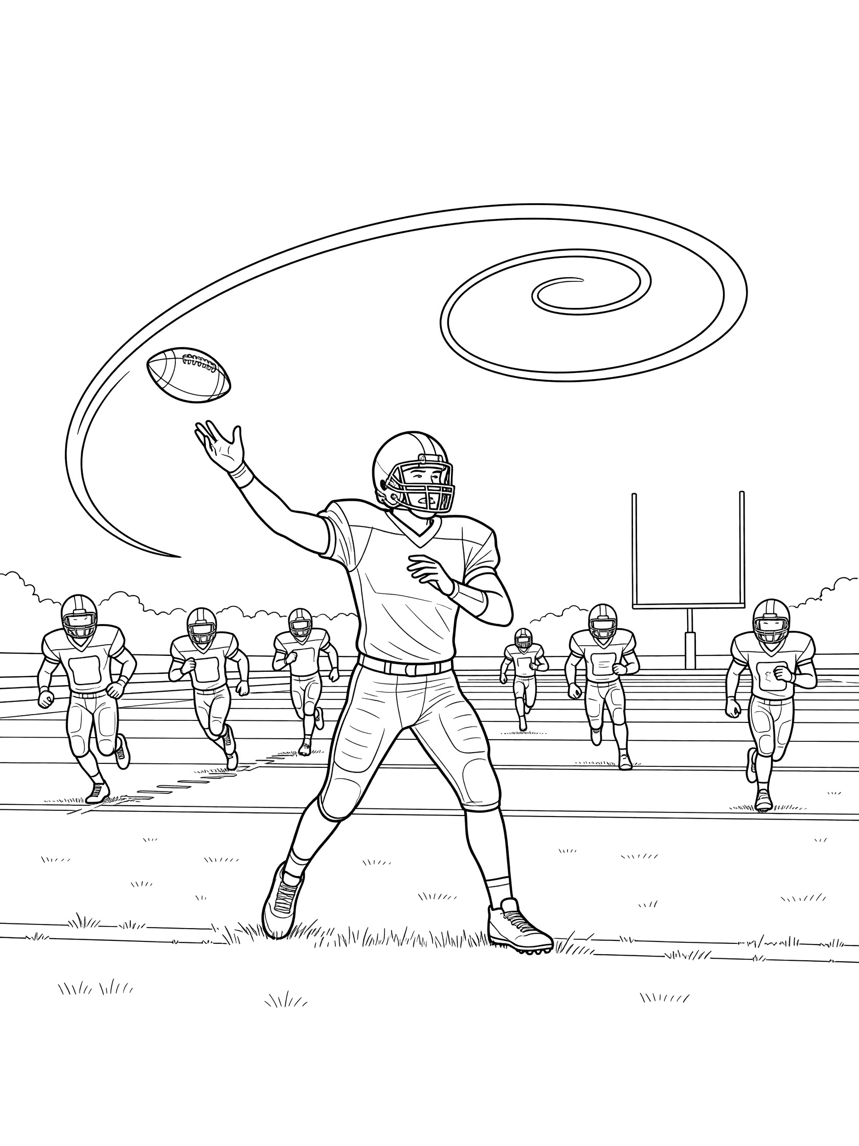 Line drawing of football quarterback in uniform winding back to throw a spiraling Hail Mary pass with ball leaving his hands, teammates on field, goalposts in distance.