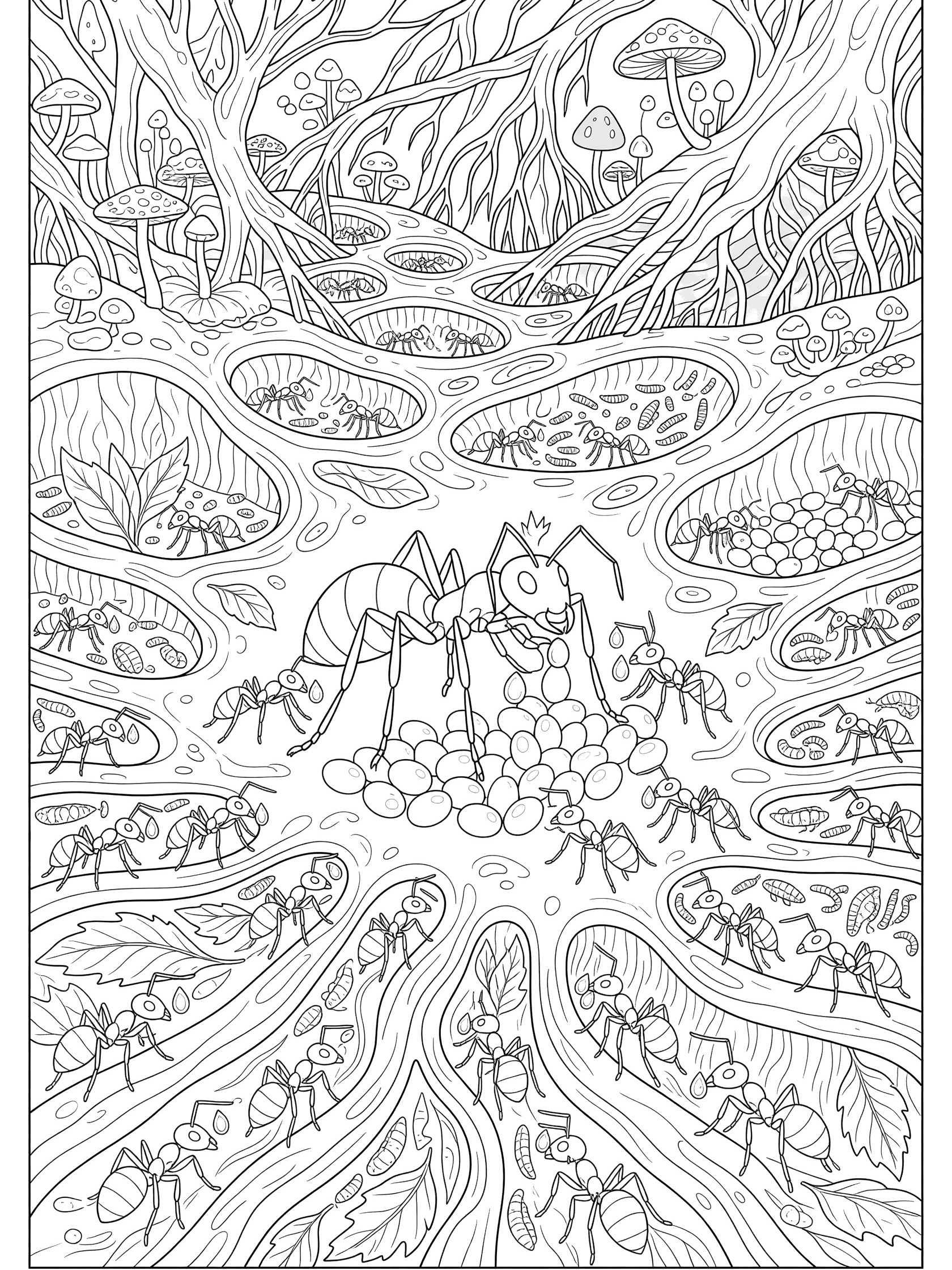 Black and white line art of a queen ant with large abdomen and crown head in an ant nest, surrounded by worker ants, eggs, larvae, tunnels, roots, and mushrooms.