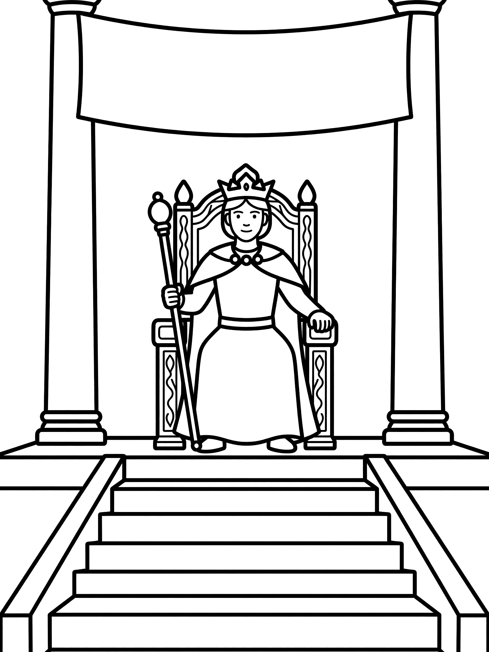 Black and white line art of a queen on a carved throne holding a scepter, framed by pillars and a banner, with steps below. Prince themed black and white printable line art