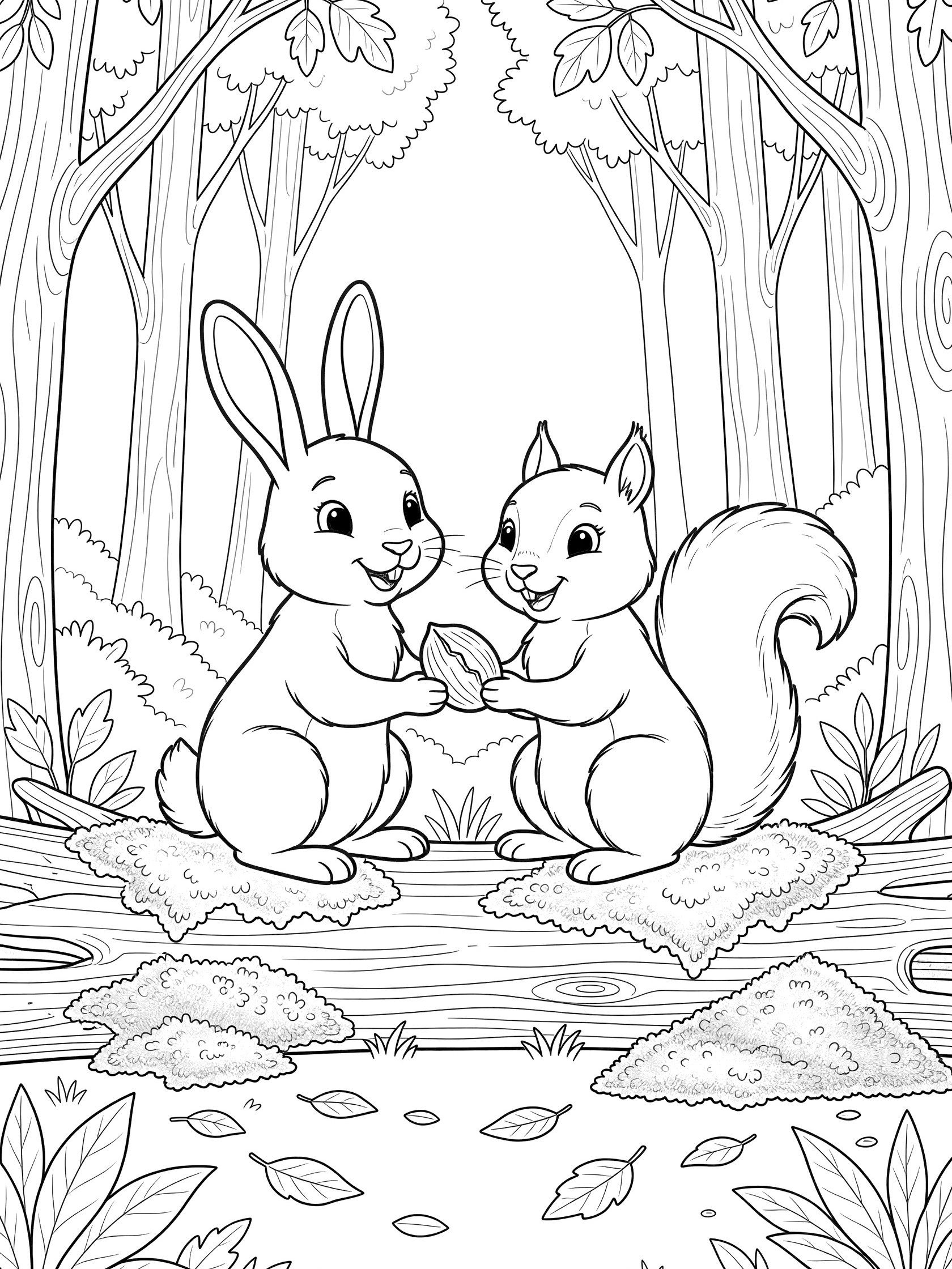 Black and white line art coloring page showing a happy rabbit and squirrel sharing an acorn while sitting on a mossy log surrounded by forest trees and leaves.