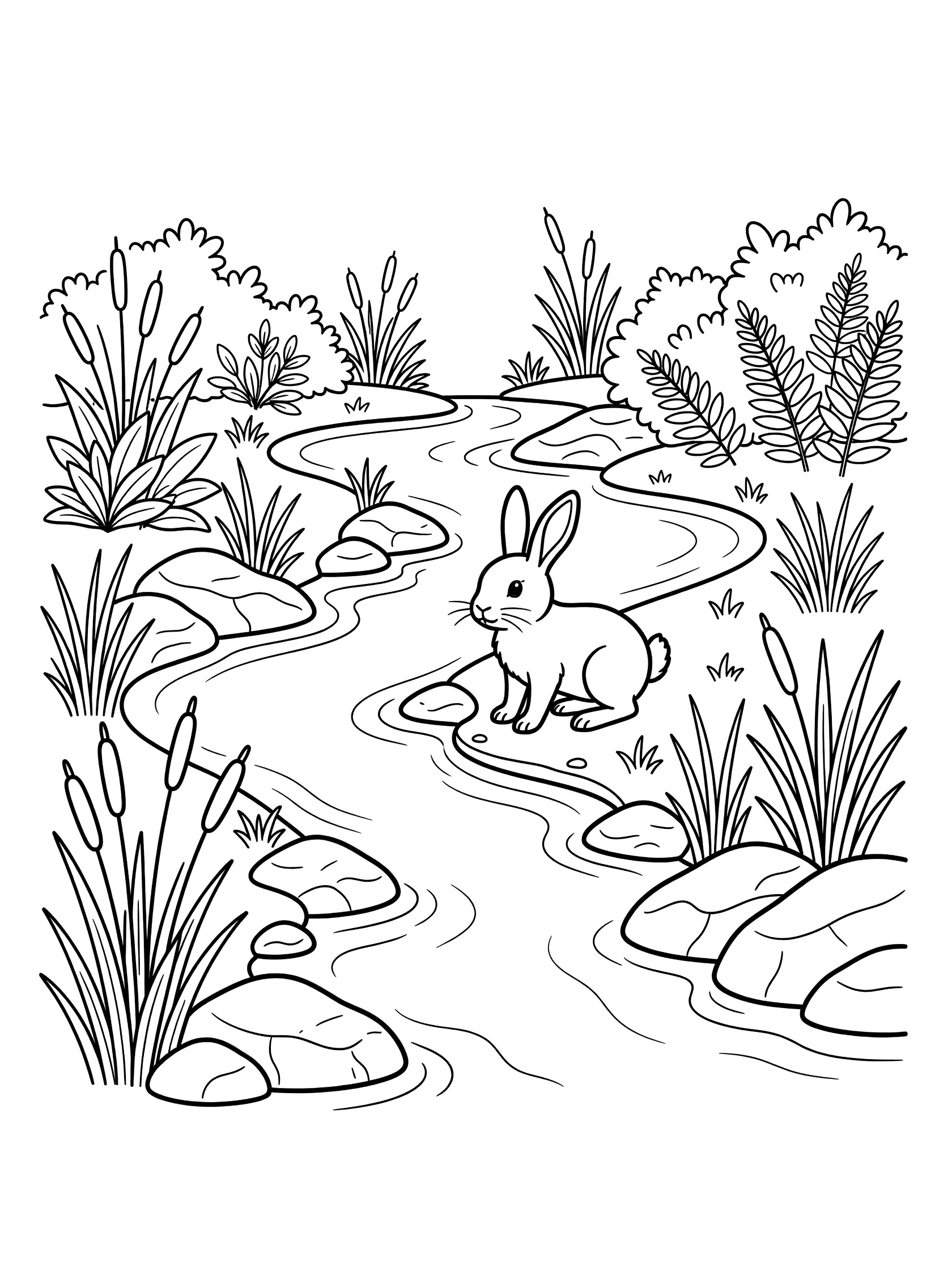 Black and white coloring page showing a rabbit on hind legs by a stream surrounded by rocks, reeds, bushes and ferns in a forest scene