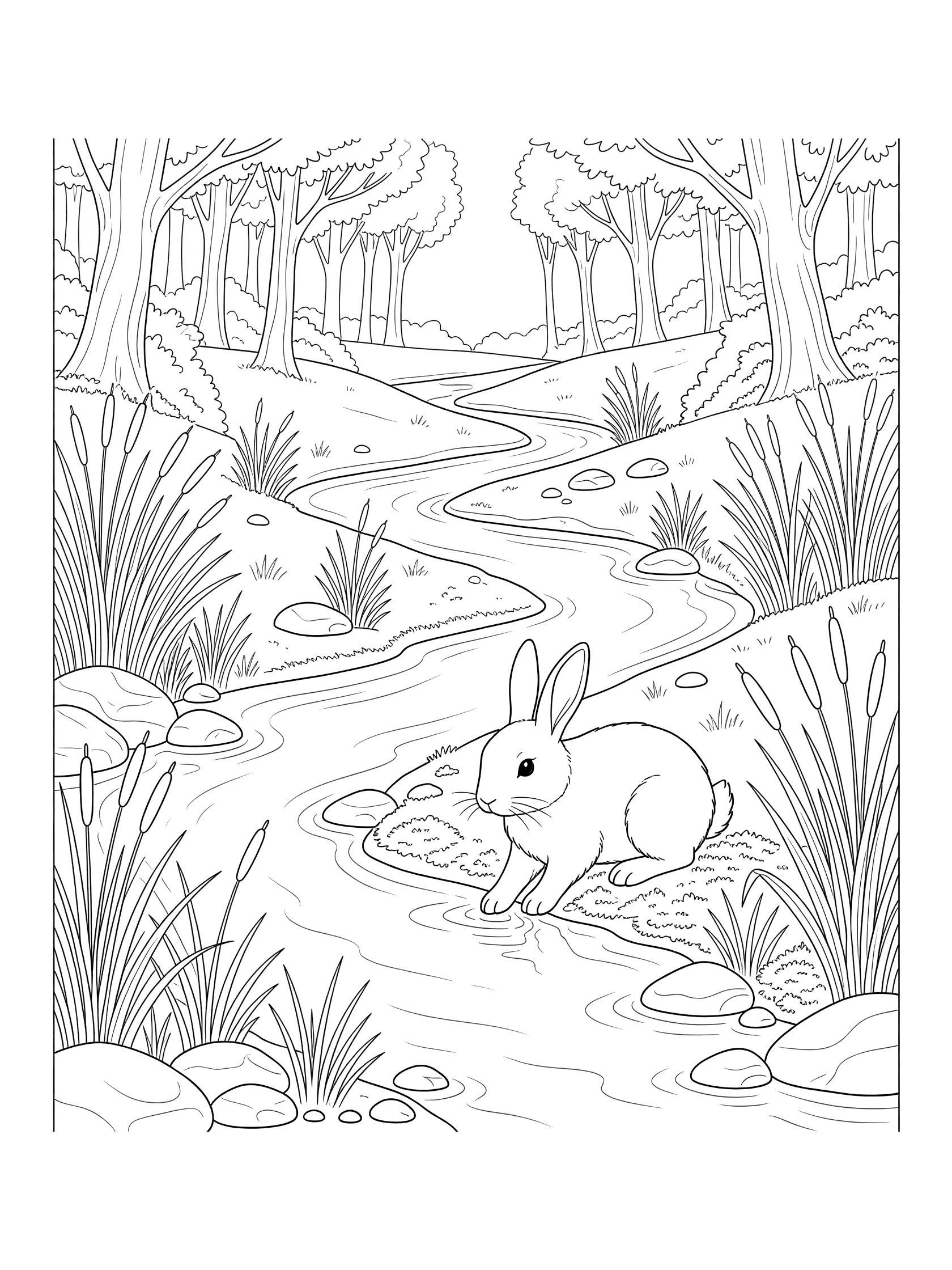 Black and white line art of a rabbit by a stream in the forest, with reeds, rocks, and trees for coloring.