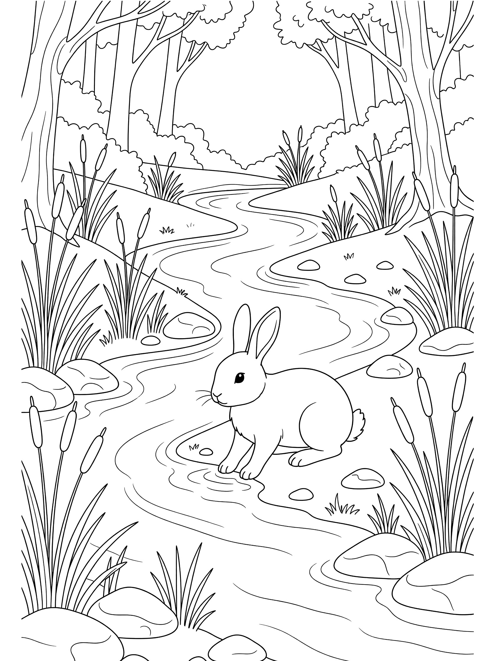 Black and white line art of a rabbit dipping its paw in a forest stream, surrounded by reeds, rocks, and trees.