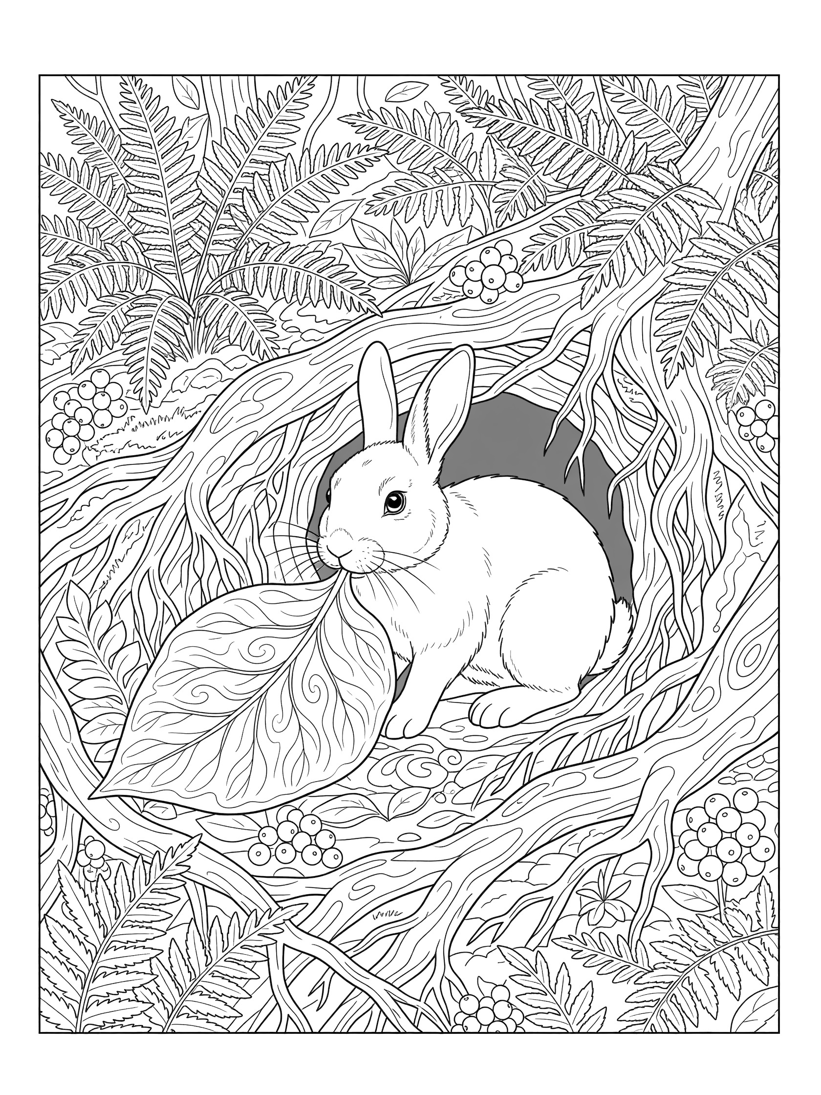 Black and white coloring page of a rabbit sitting in a burrow entrance eating a large leaf surrounded by forest roots, ferns, and berries