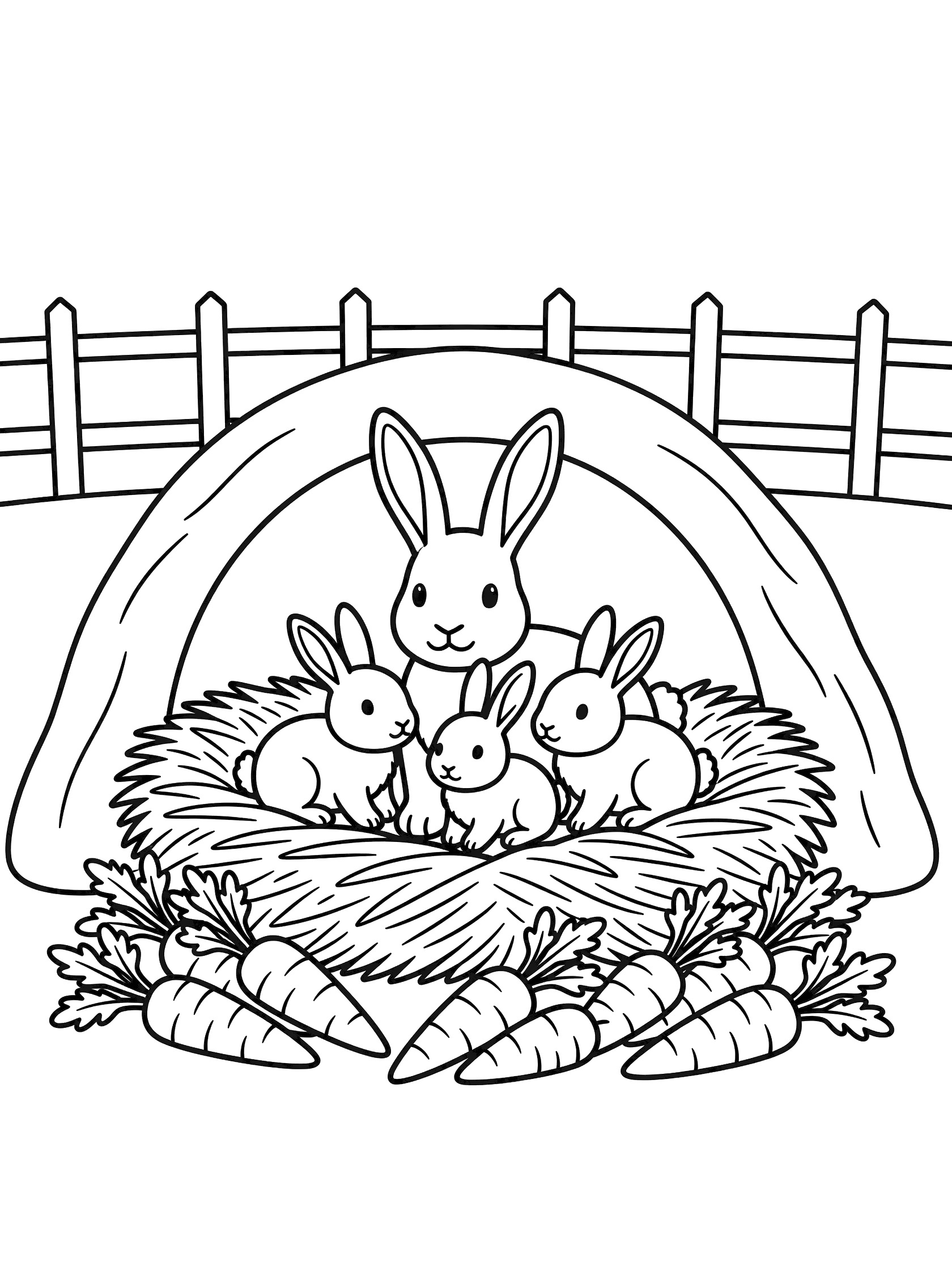 Black and white line art of mother rabbit and three baby rabbits sitting in a cozy straw nest under a farm burrow entrance with wooden fence and carrots nearby.