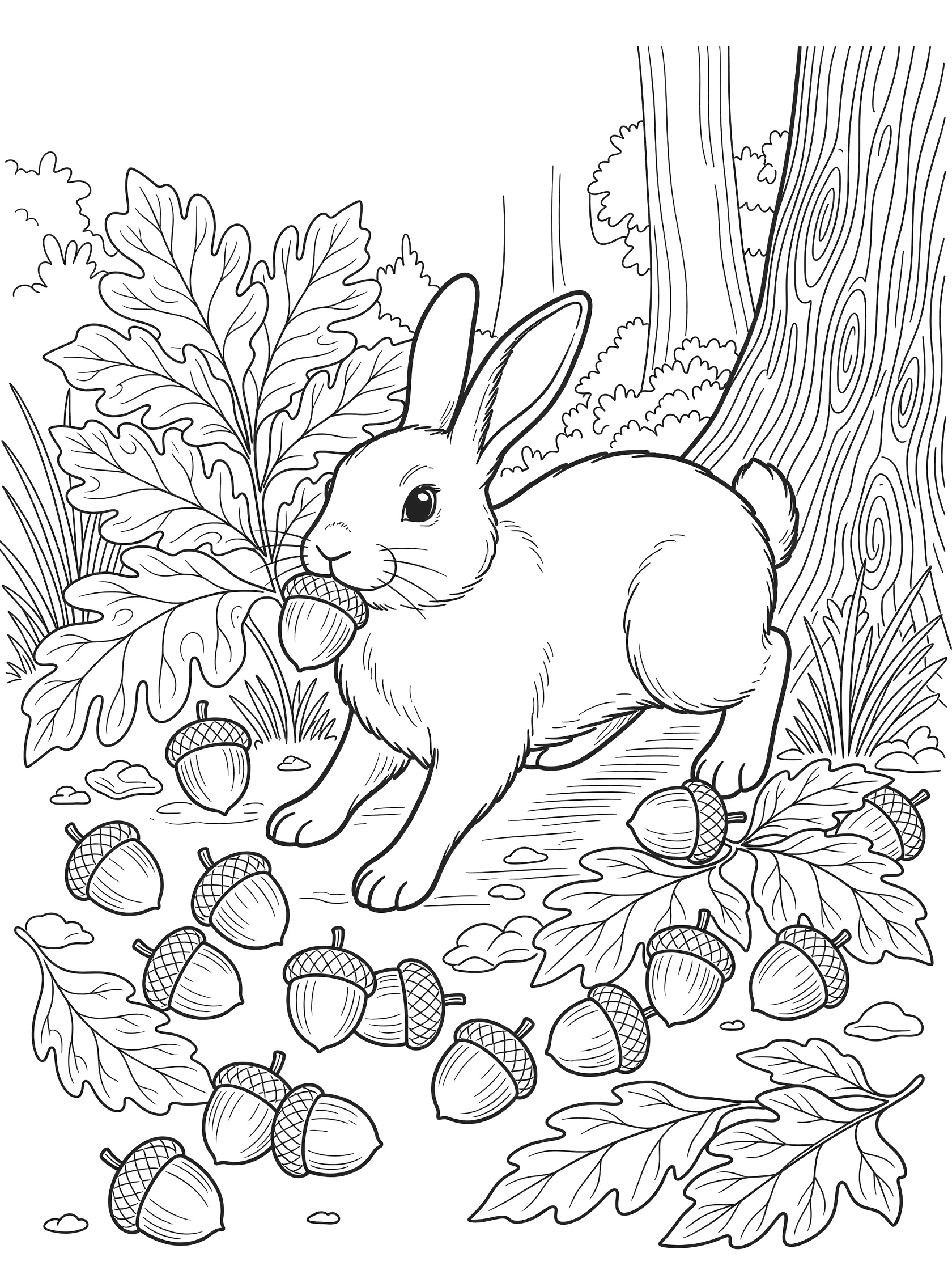 Black and white line art coloring page showing a rabbit balancing an acorn on its nose with more acorns and leaves around in a forest setting.
