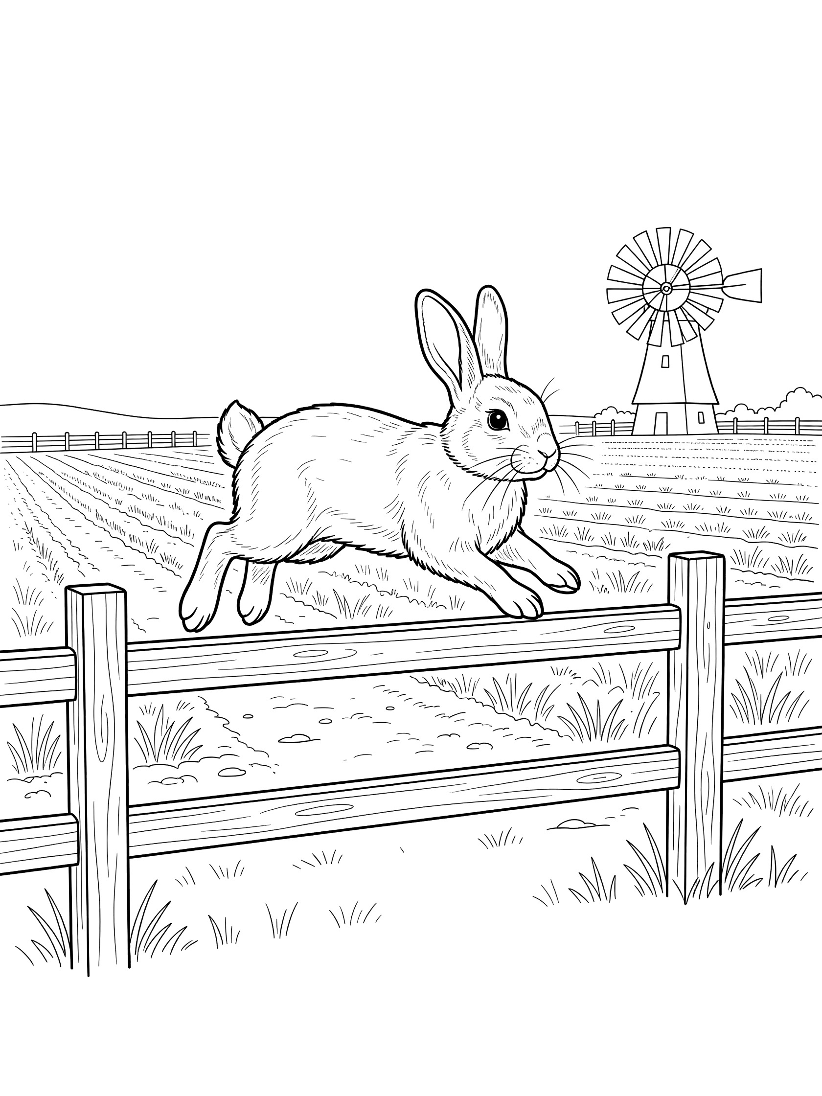 Black and white line art coloring page showing a rabbit in mid-jump over a wooden farm fence, with open fields and a windmill in the background. Rabbits themed black and white printable line art