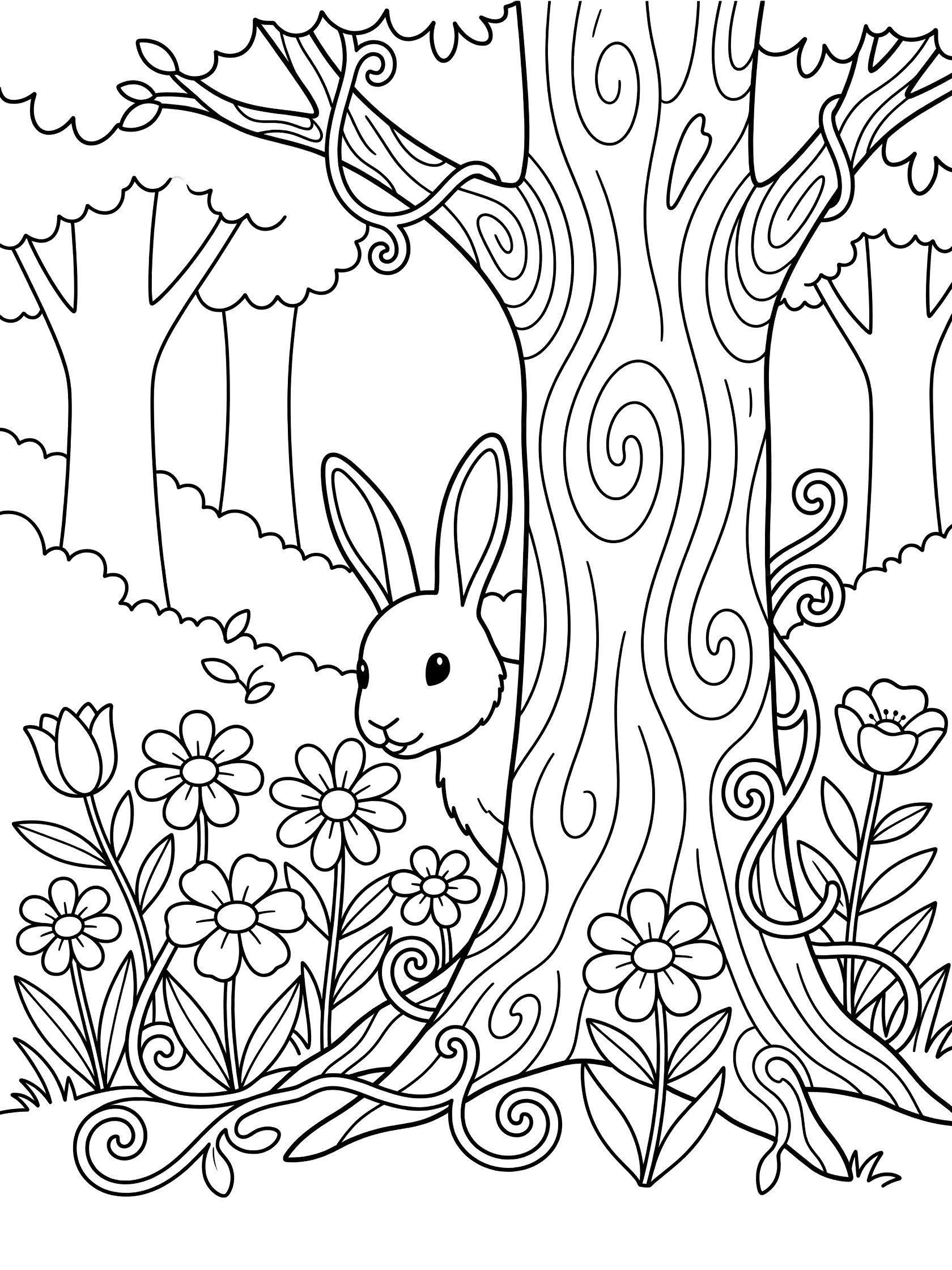 Black and white line art coloring page showing a cute rabbit peeking out from behind a large tree trunk surrounded by flowers and forest trees.