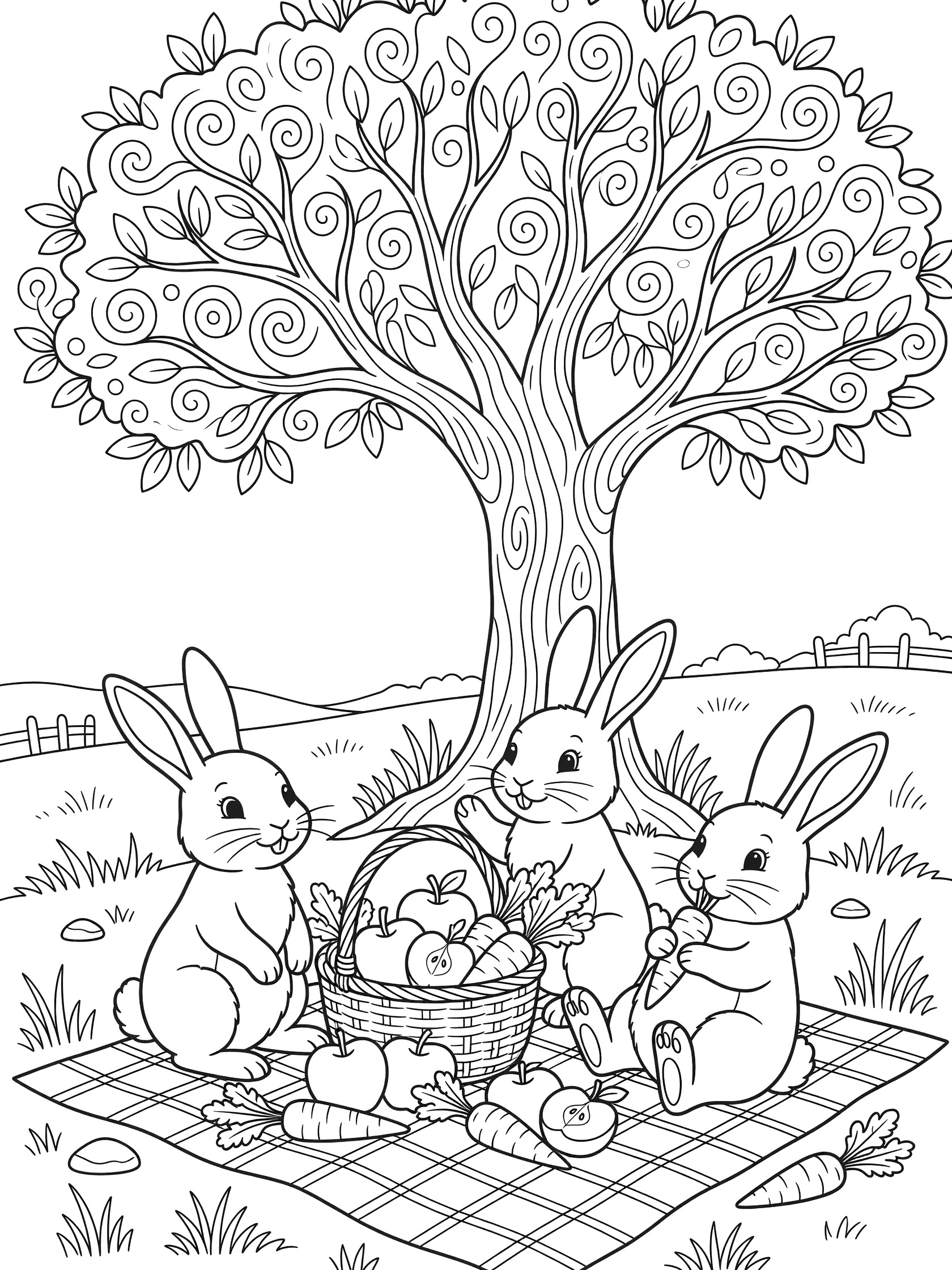 Black and white line art of three rabbits sitting on a checkered picnic blanket with basket, apples, carrots, under a tree with swirly branches.