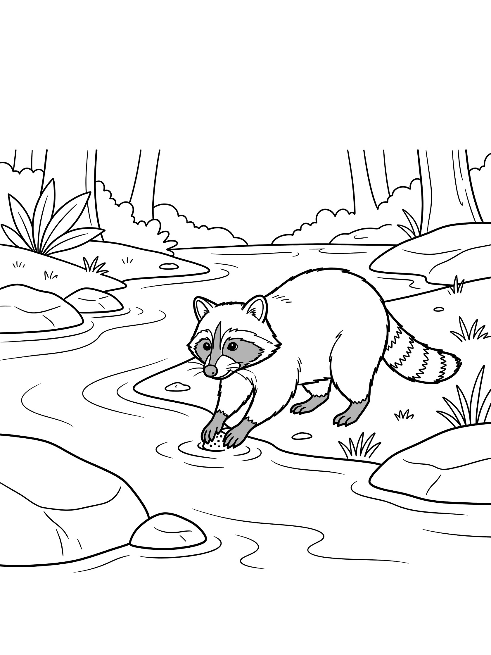 Black and white line art coloring page showing a raccoon by a flowing stream, using paws to dip food in water, with nearby rocks, grass, and forest trees.