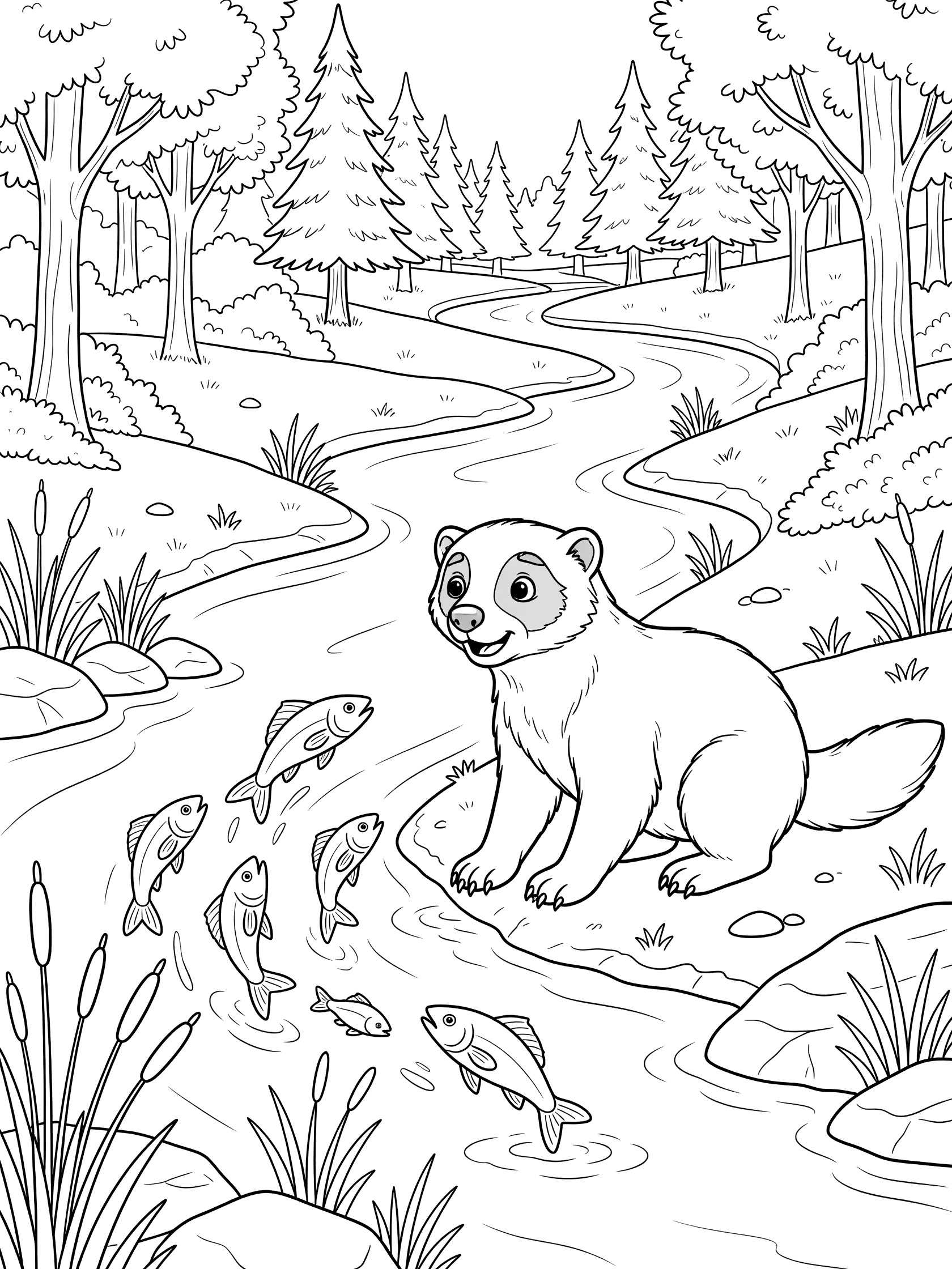 Black and white line art coloring page showing a raccoon by a stream in the forest, dipping paw near fish, rocks, reeds, and trees. Wolverine themed black and white printable line art