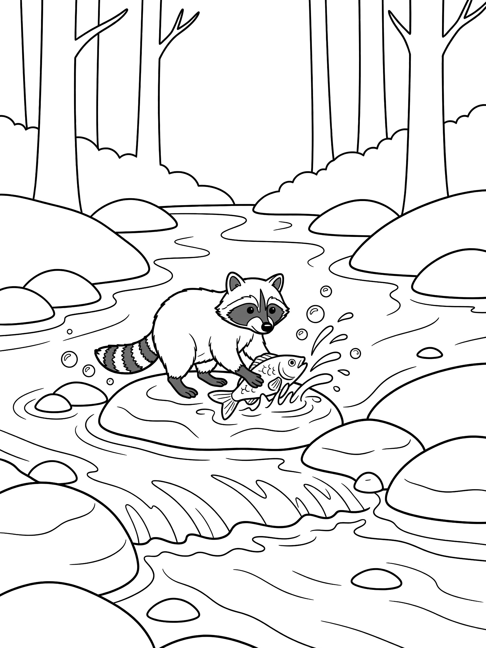 Black and white line art coloring page showing a raccoon on river rocks holding a fish in a flowing stream surrounded by forest trees and water splashes.