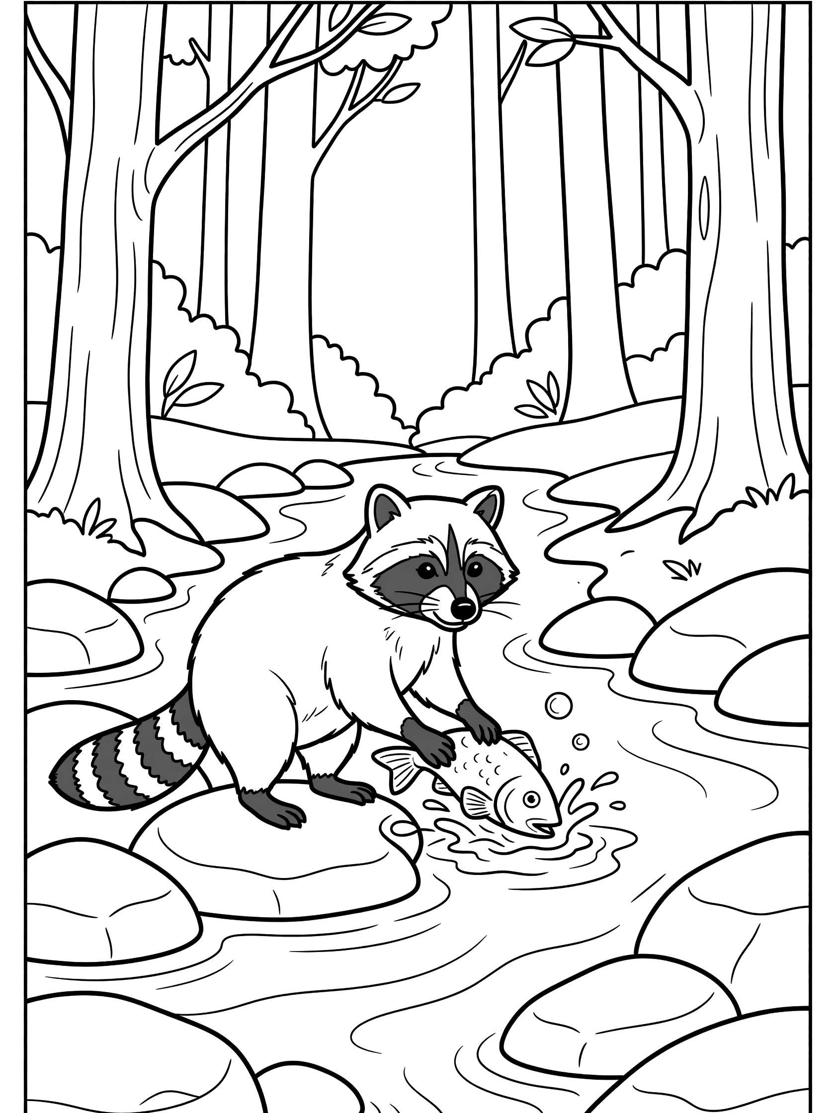 Black and white line art coloring page showing a raccoon on river rocks holding a fish in a flowing stream with trees and water splashes in the background.