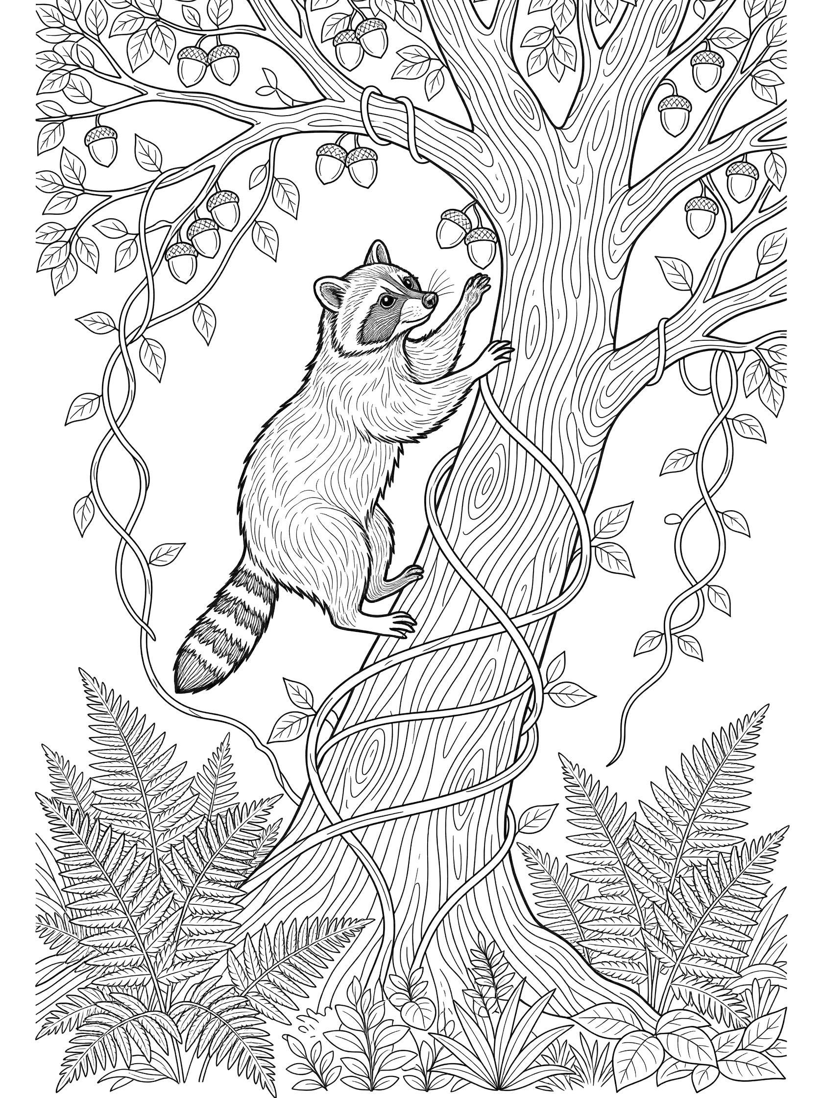 Black and white line art coloring page showing a raccoon climbing up a tree branch toward acorns, surrounded by leaves, vines and ferns on the forest floor.