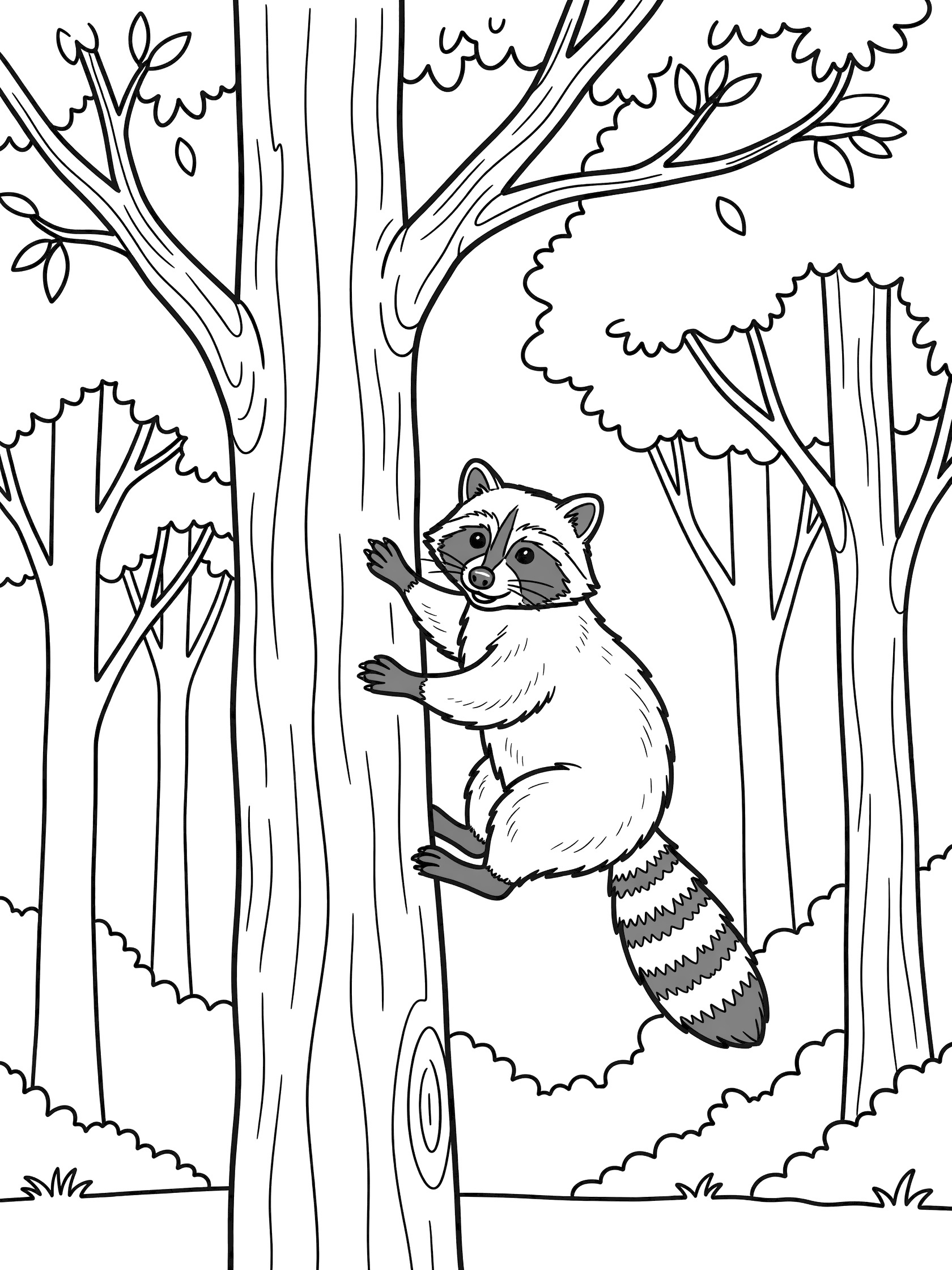 Black and white line art coloring page showing a raccoon gripping a tall tree trunk with paws, striped tail, and forest trees around.
