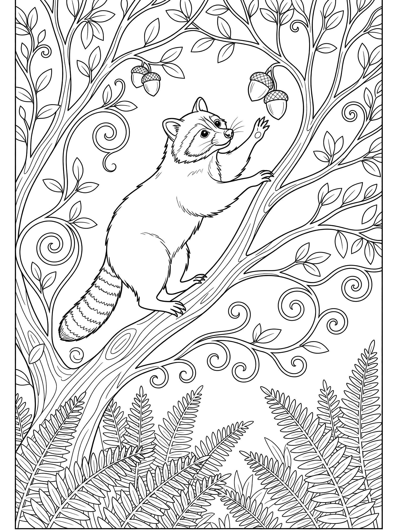 Black and white line art coloring page showing a raccoon climbing up a tree branch toward acorns, with swirling vines, leaves, and ferns on the forest floor.