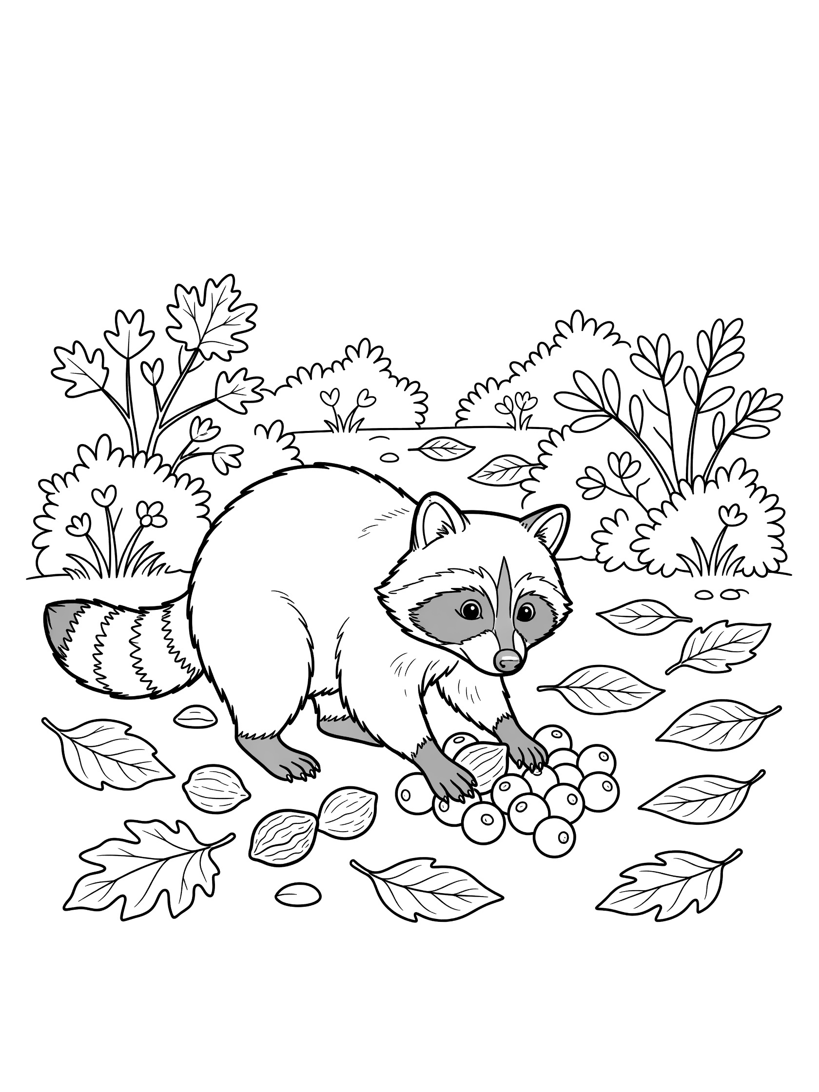 Black and white line art coloring page showing a raccoon holding a bunch of grapes, with scattered leaves, bushes, and forest underbrush on a white background.