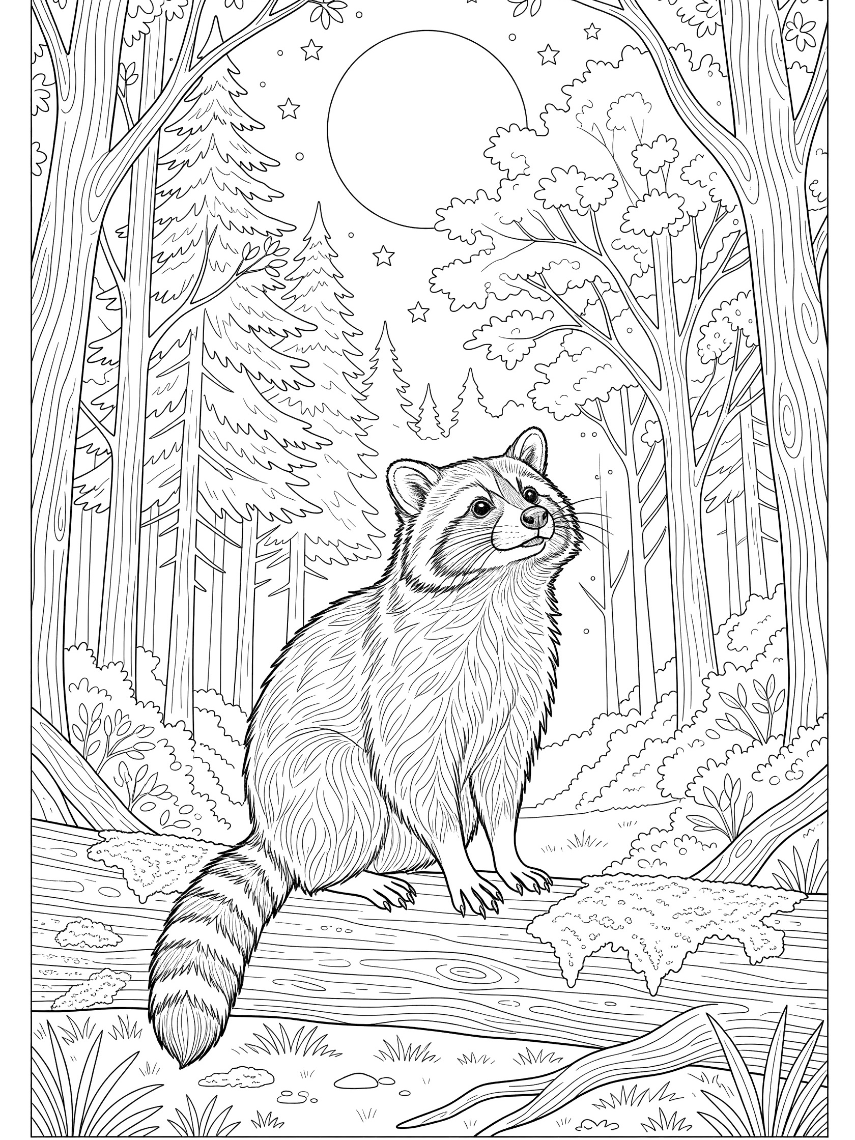 Black and white line art coloring page showing a raccoon with bushy tail sitting on a log in a forest at night, looking up at a large full moon with stars and trees.