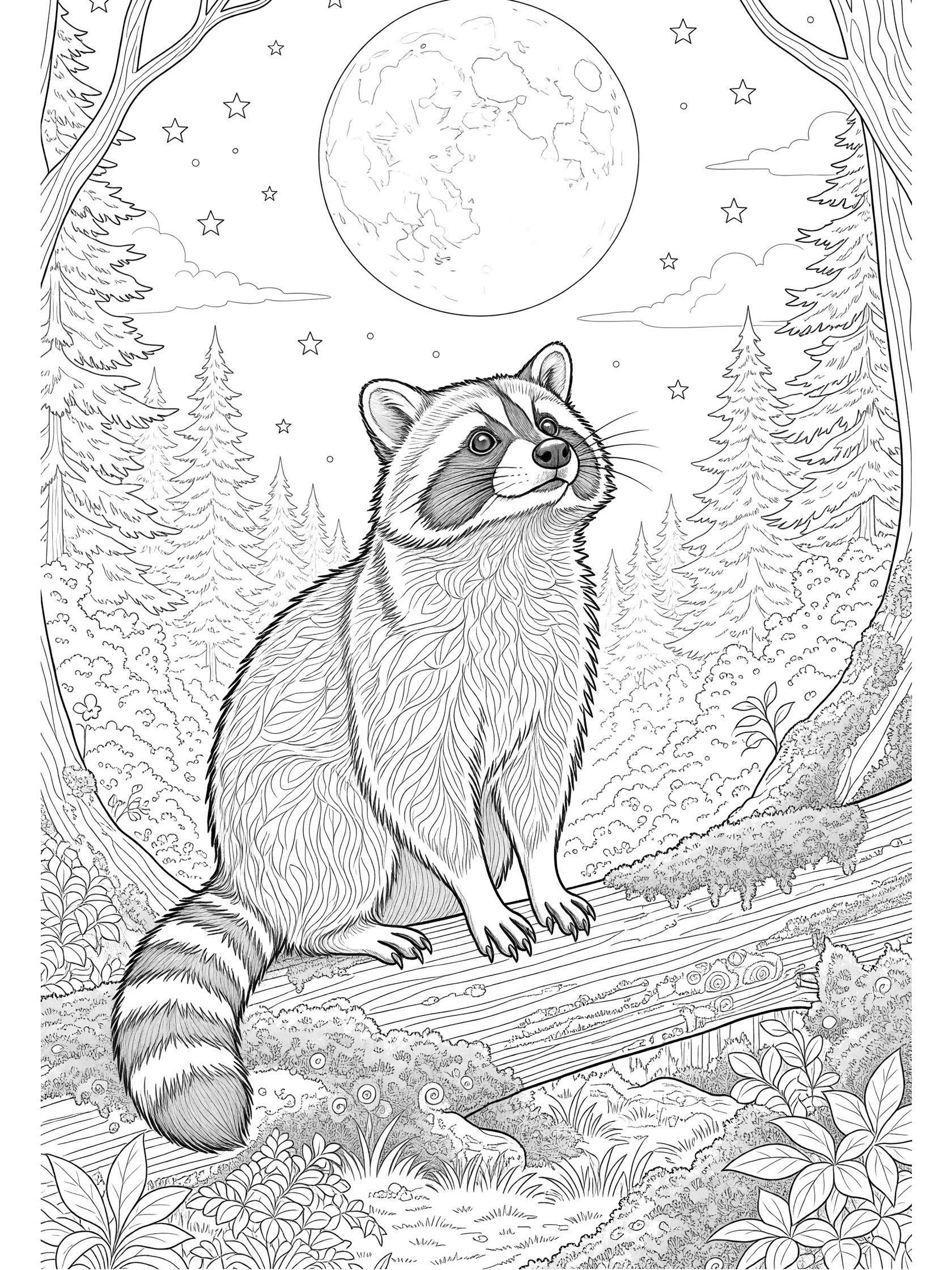 Black and white line art coloring page showing a raccoon with bushy tail sitting on a log under a big full moon, surrounded by trees and stars.