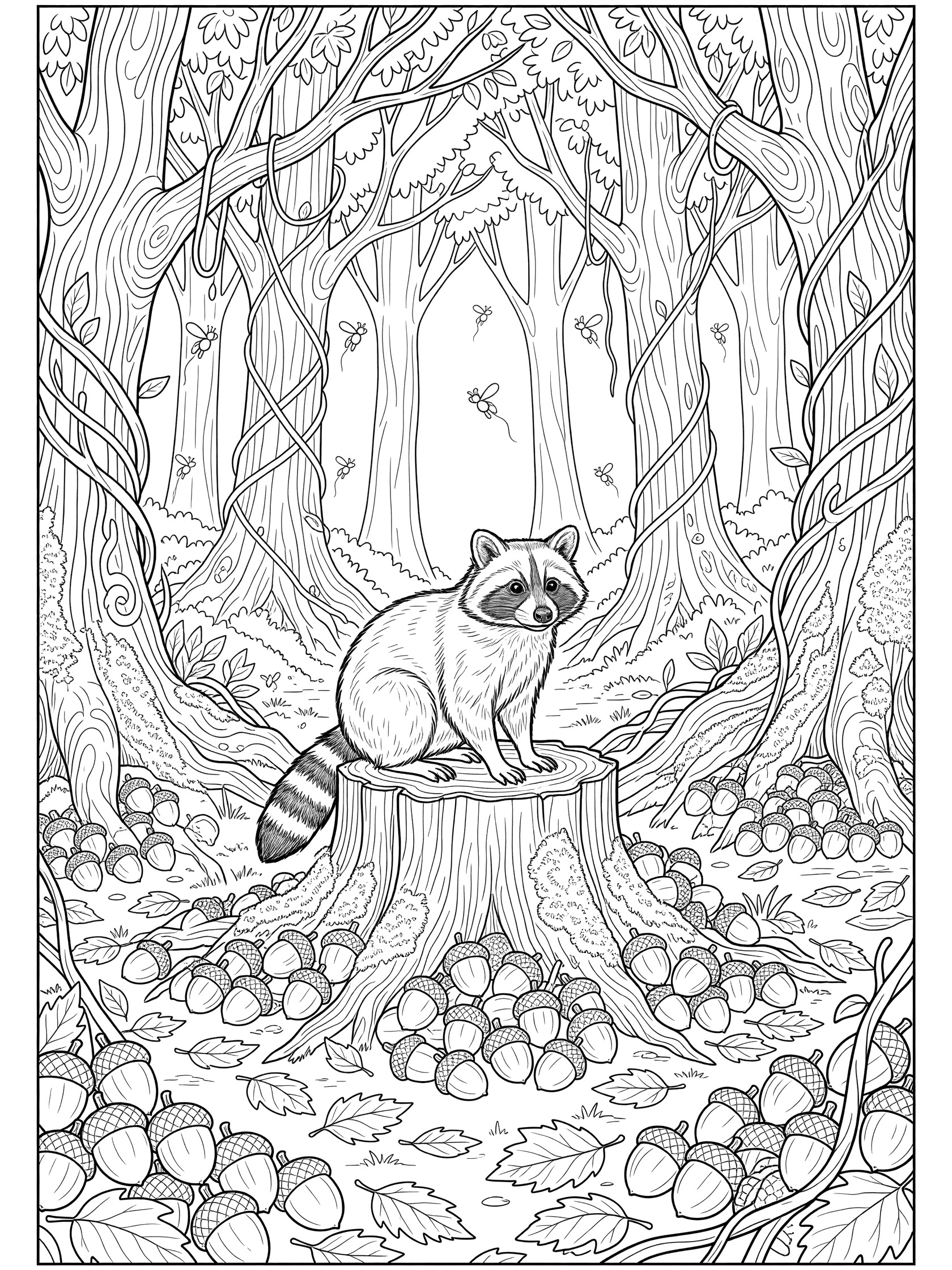 Black and white line art coloring page showing a raccoon on a tree stump with acorns, autumn leaves, vines, trees, and fireflies in a forest.