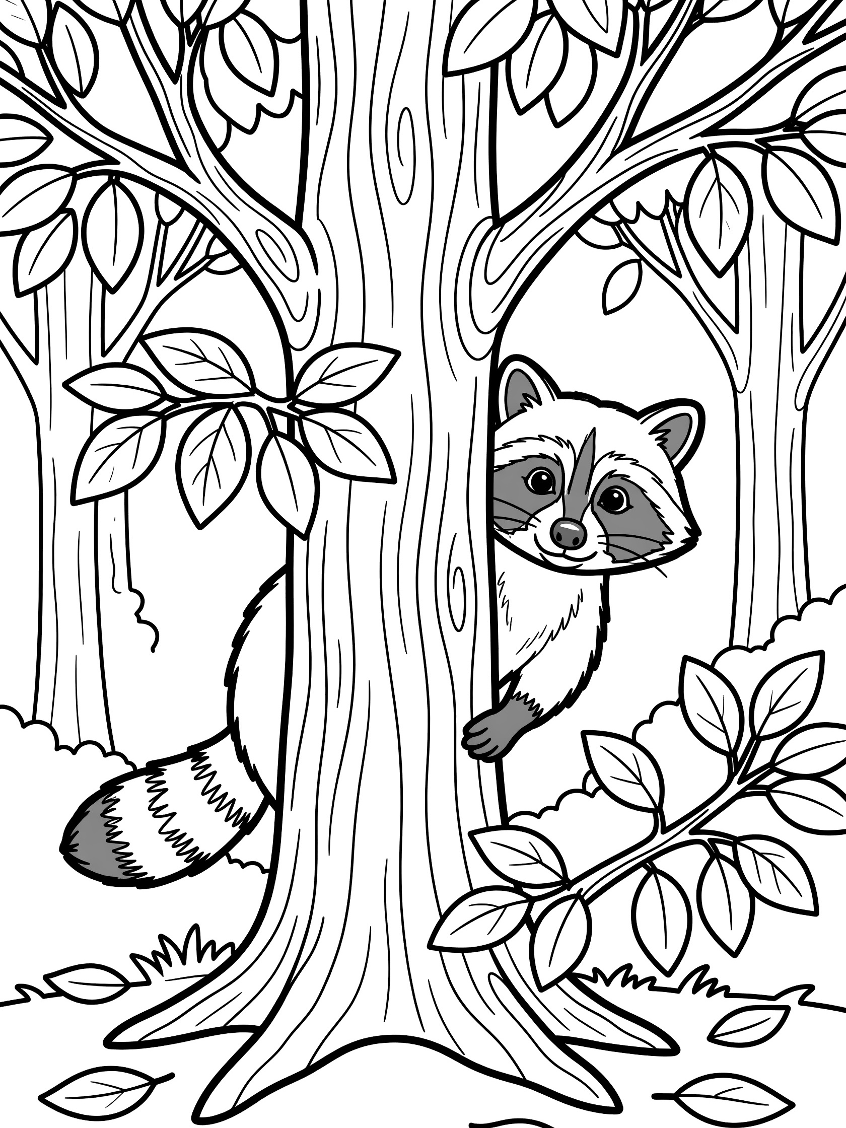 Black and white line art coloring page showing a raccoon peeking from behind a tree trunk, bushy tail visible, surrounded by simple leaves and branches.