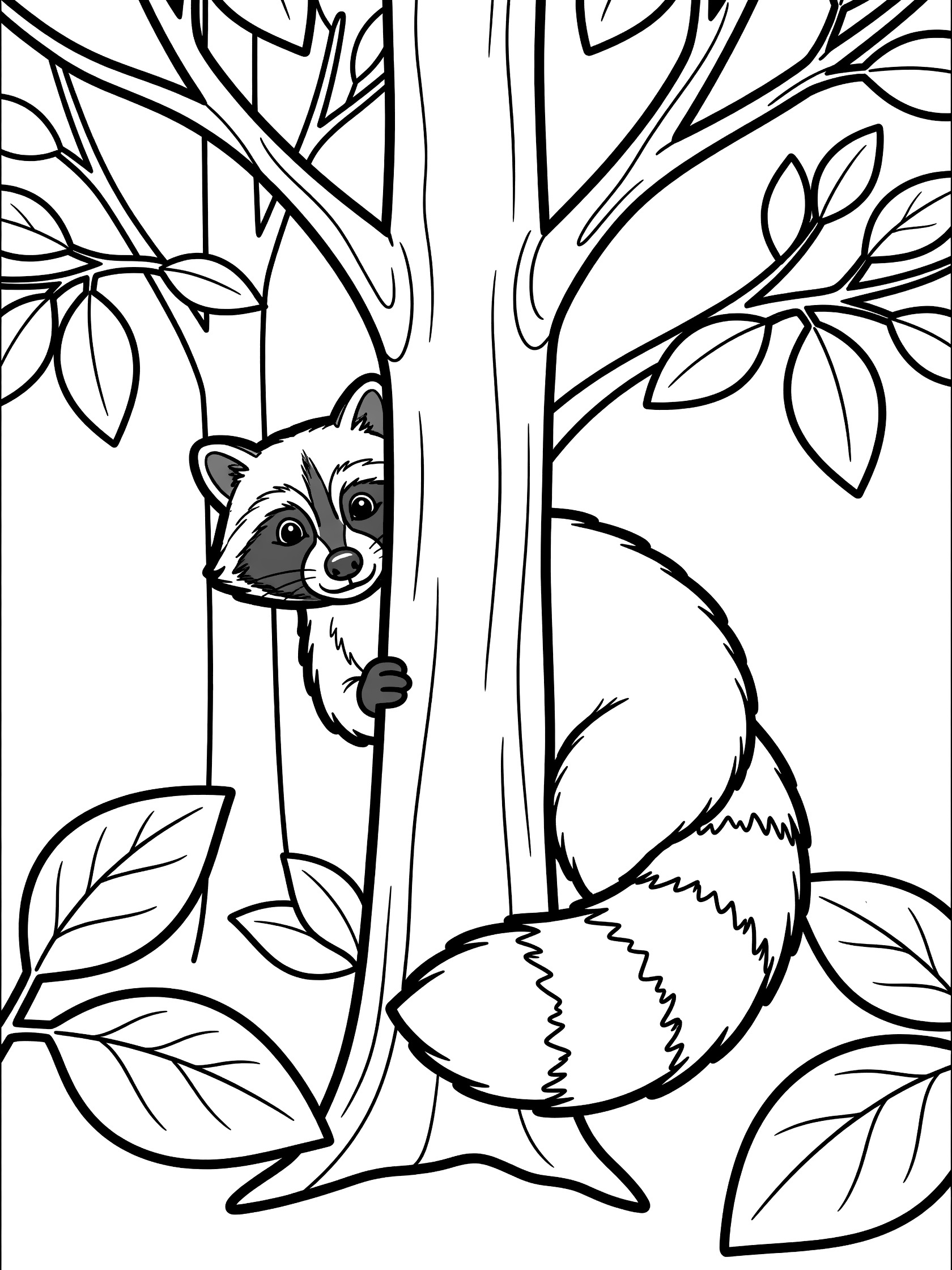 Black and white line art coloring page showing a raccoon peeking from behind a tall tree trunk, bushy tail visible, surrounded by simple leaves and branches.