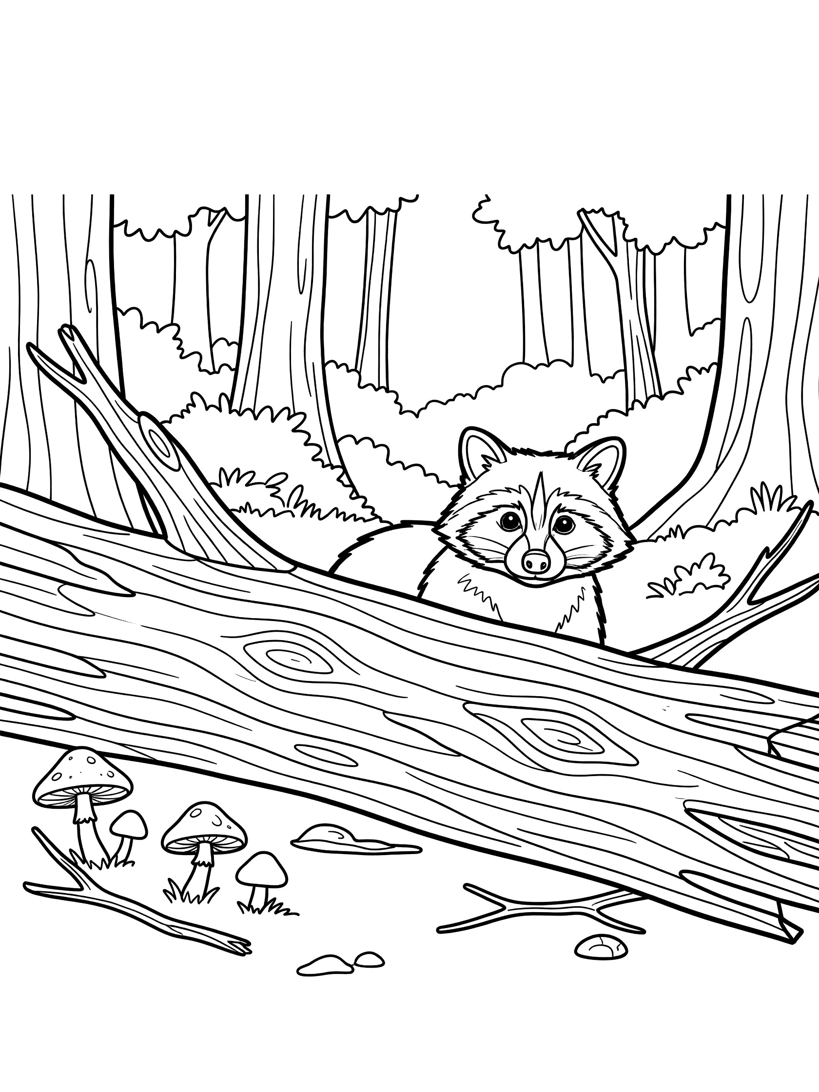 Black and white line art coloring page showing a raccoon with wide eyes peeking from behind a fallen log, mushrooms and twigs nearby in forest setting.