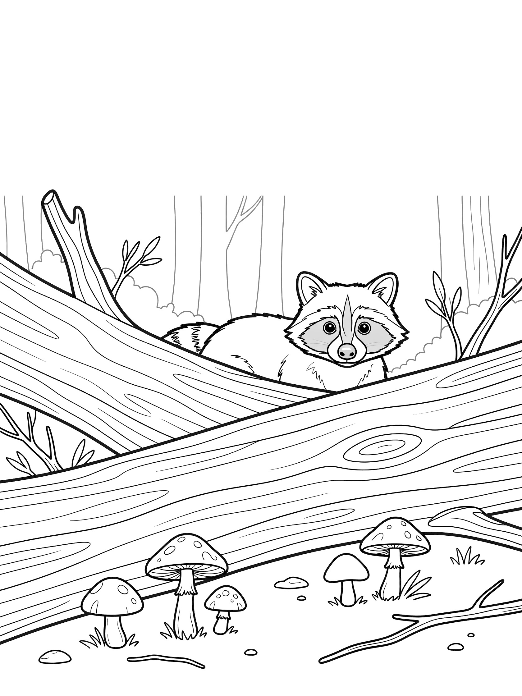 Black and white line art coloring page showing a raccoon with wide eyes peeking from behind large logs, mushrooms and twigs nearby in forest setting
