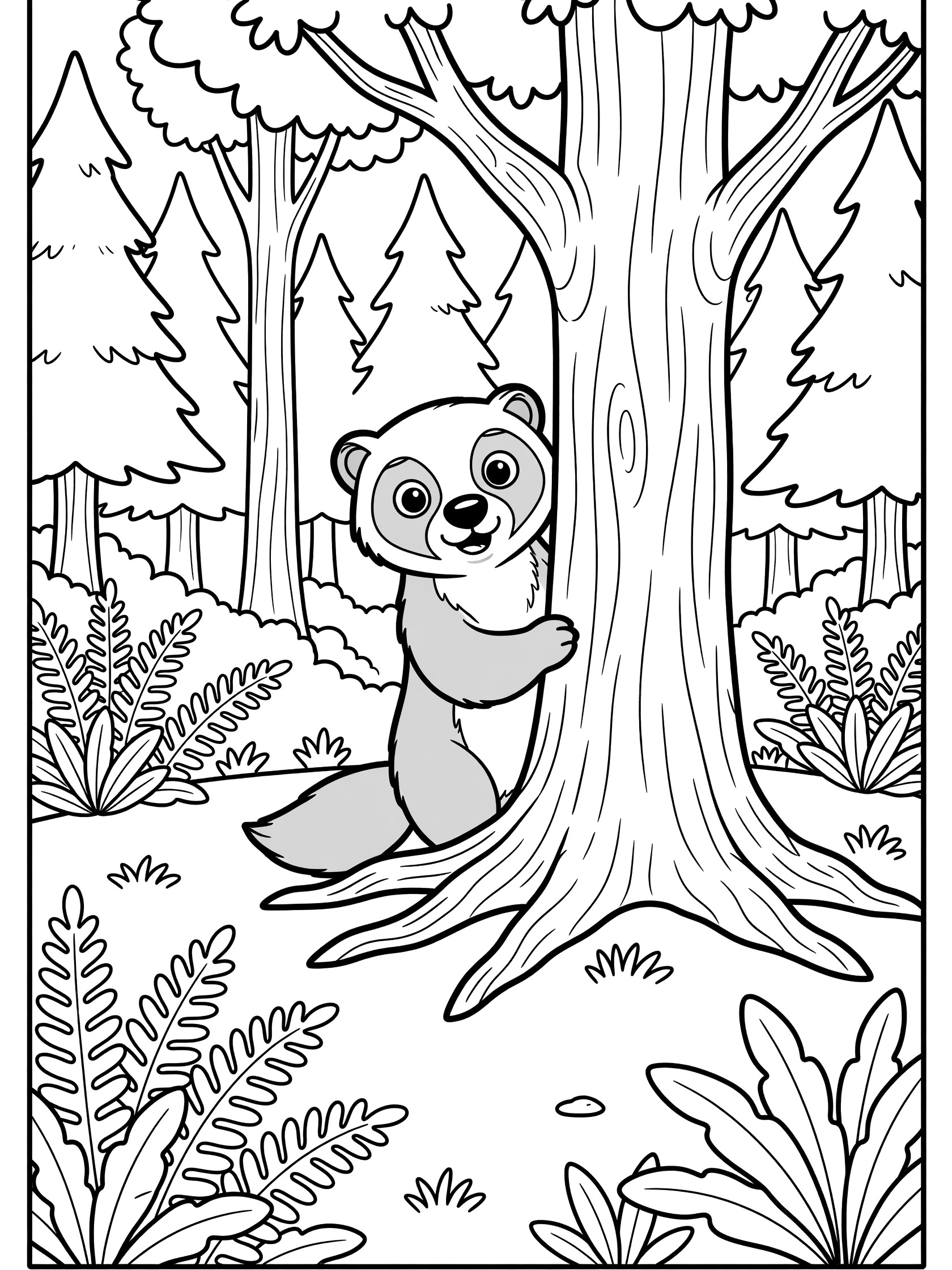 Black and white coloring book page showing a raccoon with big eyes peeking around a large tree trunk surrounded by pine trees and ferns in a forest clearing. Wolverine themed black and white printable line art
