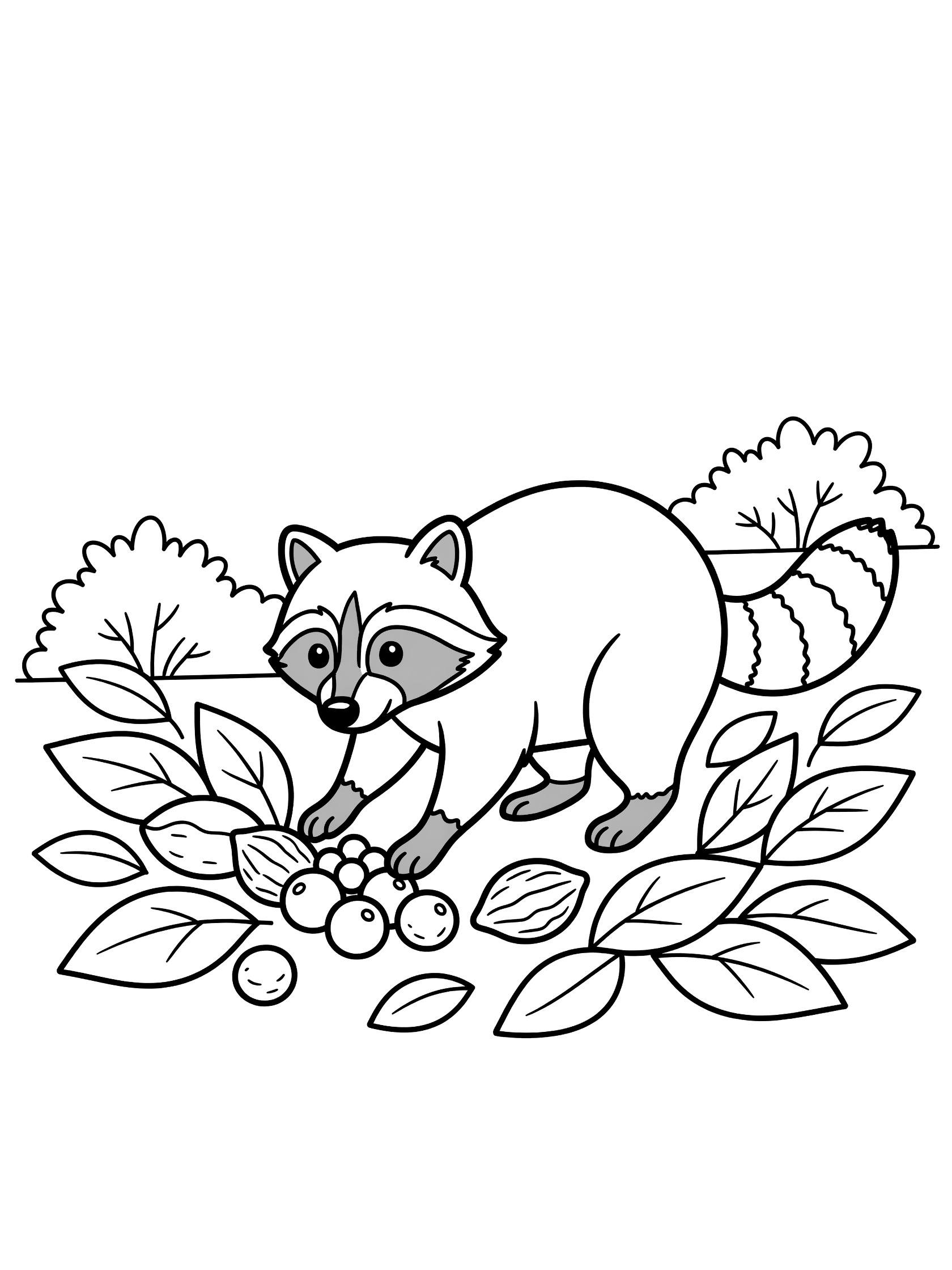 Black and white line art coloring page showing a raccoon standing on all fours picking up berries and nuts from the ground surrounded by leaves and bushes.