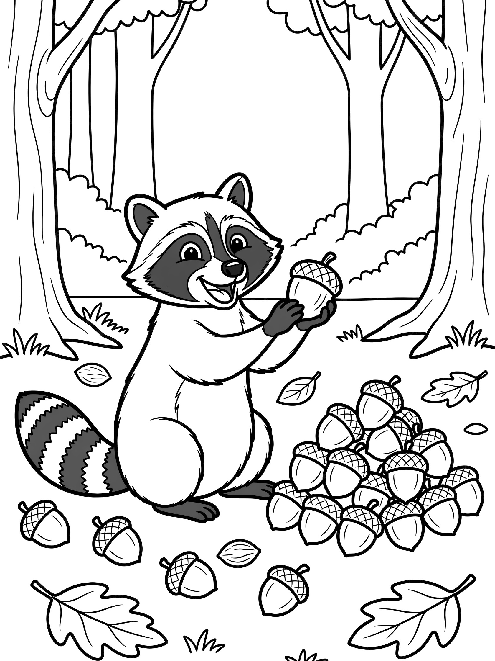Black and white line art coloring page showing a raccoon holding one acorn up, sitting next to a pile of acorns, with leaves on the ground and trees in the background.