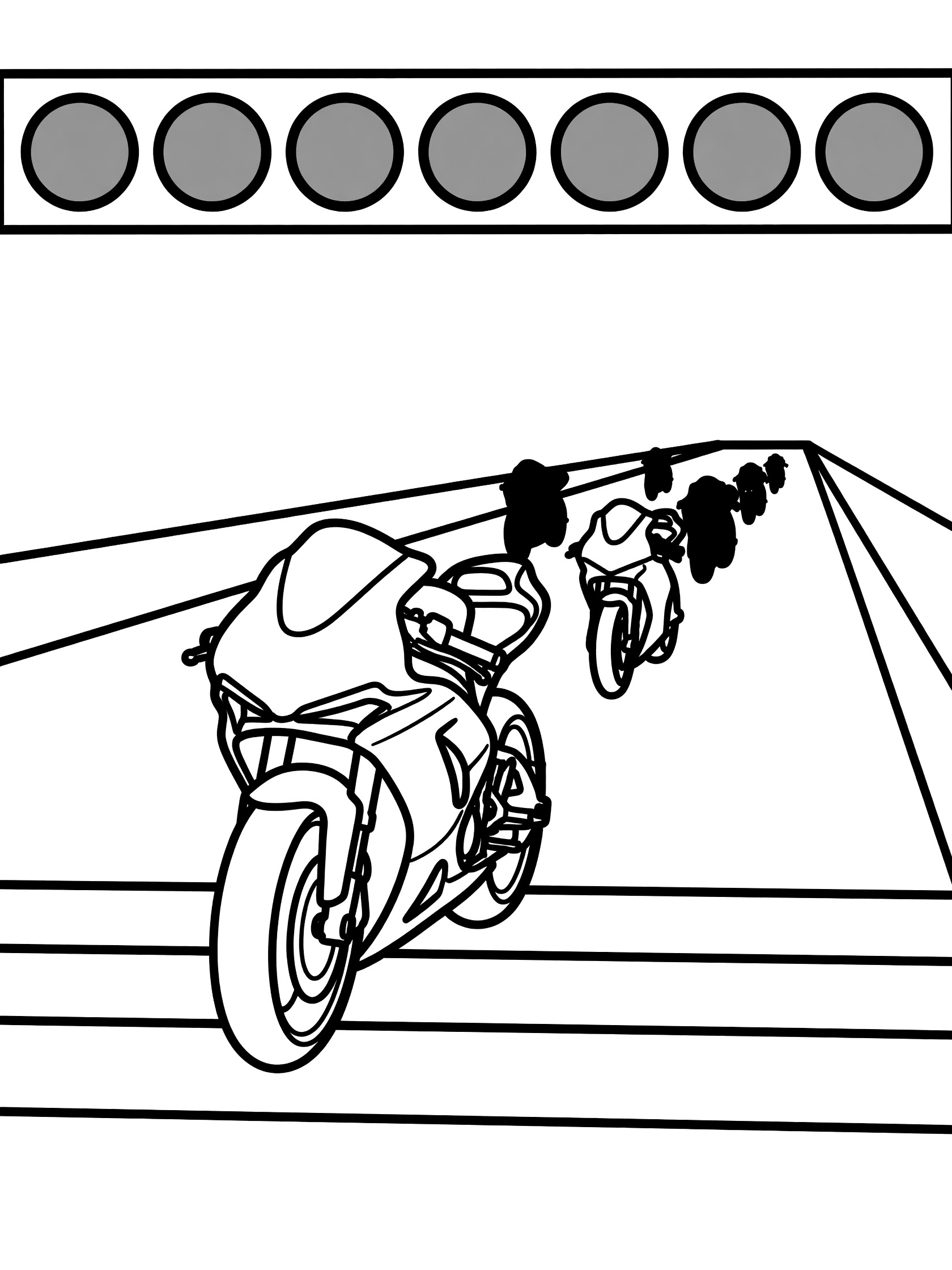 Black-and-white line art of a race bike speeding forward from the start line in Moto GP, green lights above, other bikes in silhouettes behind on racetrack.
