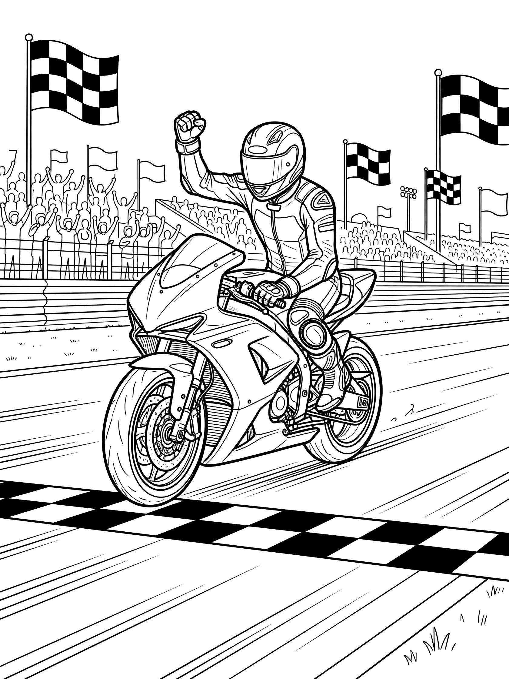 Black and white line art of a race bike crossing the checkered finish line, rider in helmet and leathers raising one fist, checkered flags and grandstands in background.